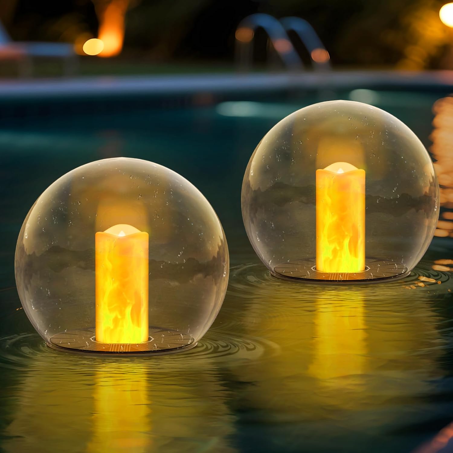 2-Pack 7.4x7.3 Solar Floating Pool Lights Ball Outdoor Water-Resistant IP66 Solar-Powered That Float Candles Flickering Lights for Swimming Pool Decor Pond Garden Party