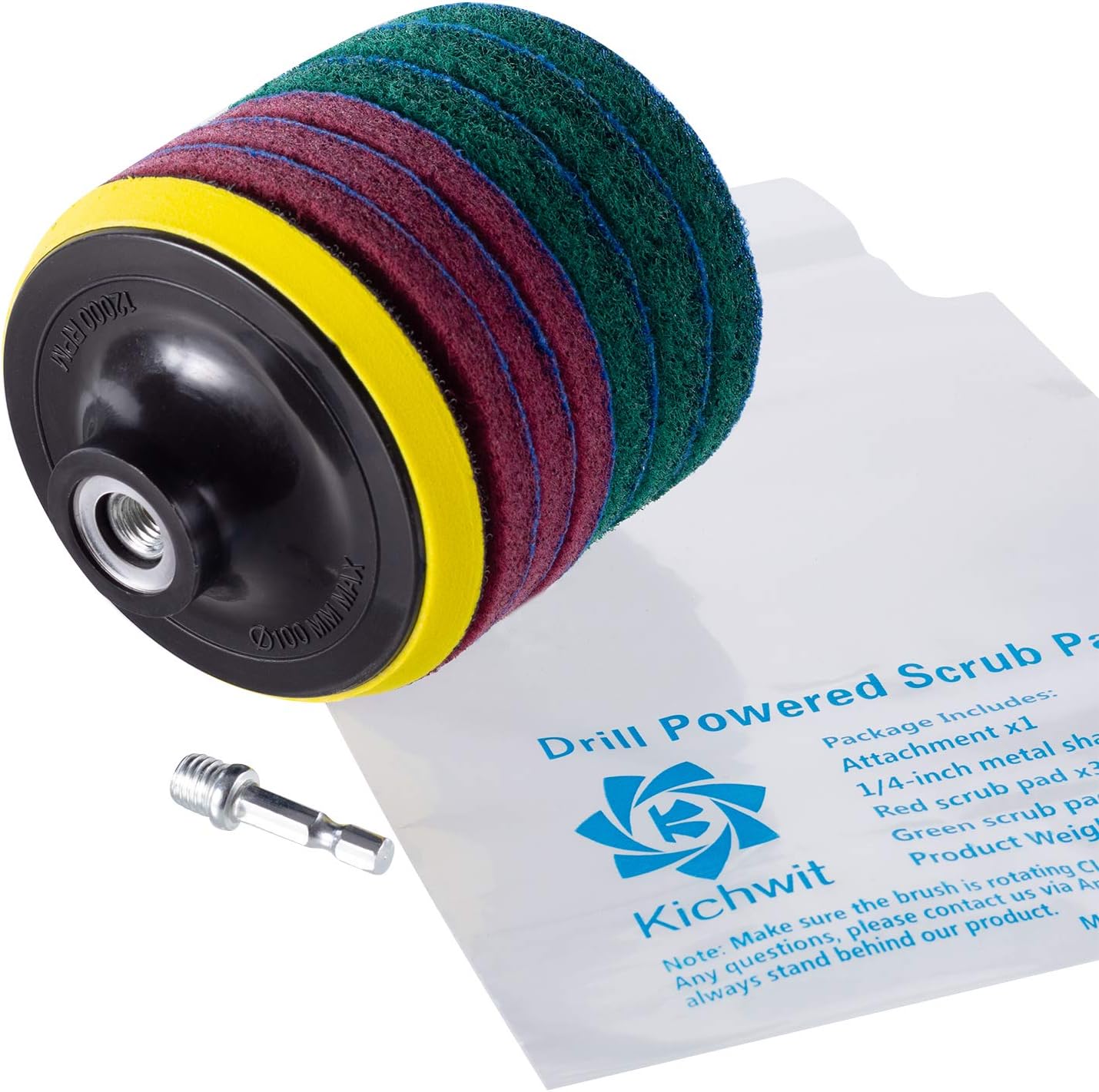 New Arrivals Kichwit 4 Inch Drill Power Brush Tile Scrubber Scouring Pads Cleaning Kit, Includes Drill Attachment, 3 Red Pads and 3 Stiff Green Pads, Heavy Duty Household Cleaning Tool (Drill NOT Included)