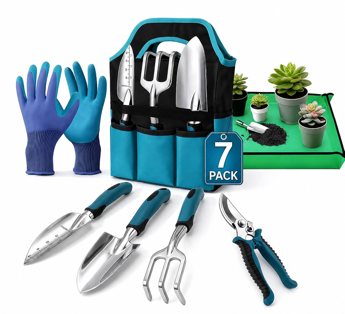 Kit Giardinaggio 7 Pezzi, Attrezzi Giardinaggio in Alluminio con Manico Ergonomico Antiscivolo, Antiruggine e Borsa, Set Giardino Completo per Uomini e Donne