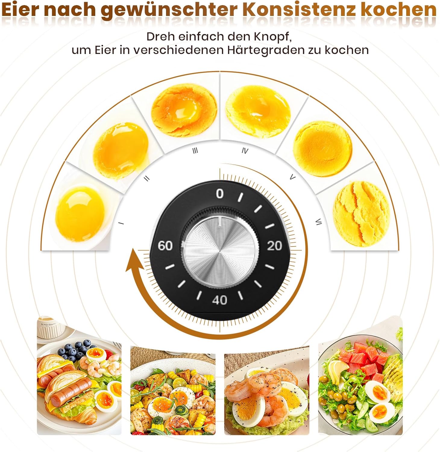 Close-up of the egg cooker's timer dial, illustrating different egg consistencies from soft to hard-boiled based on cooking time.
