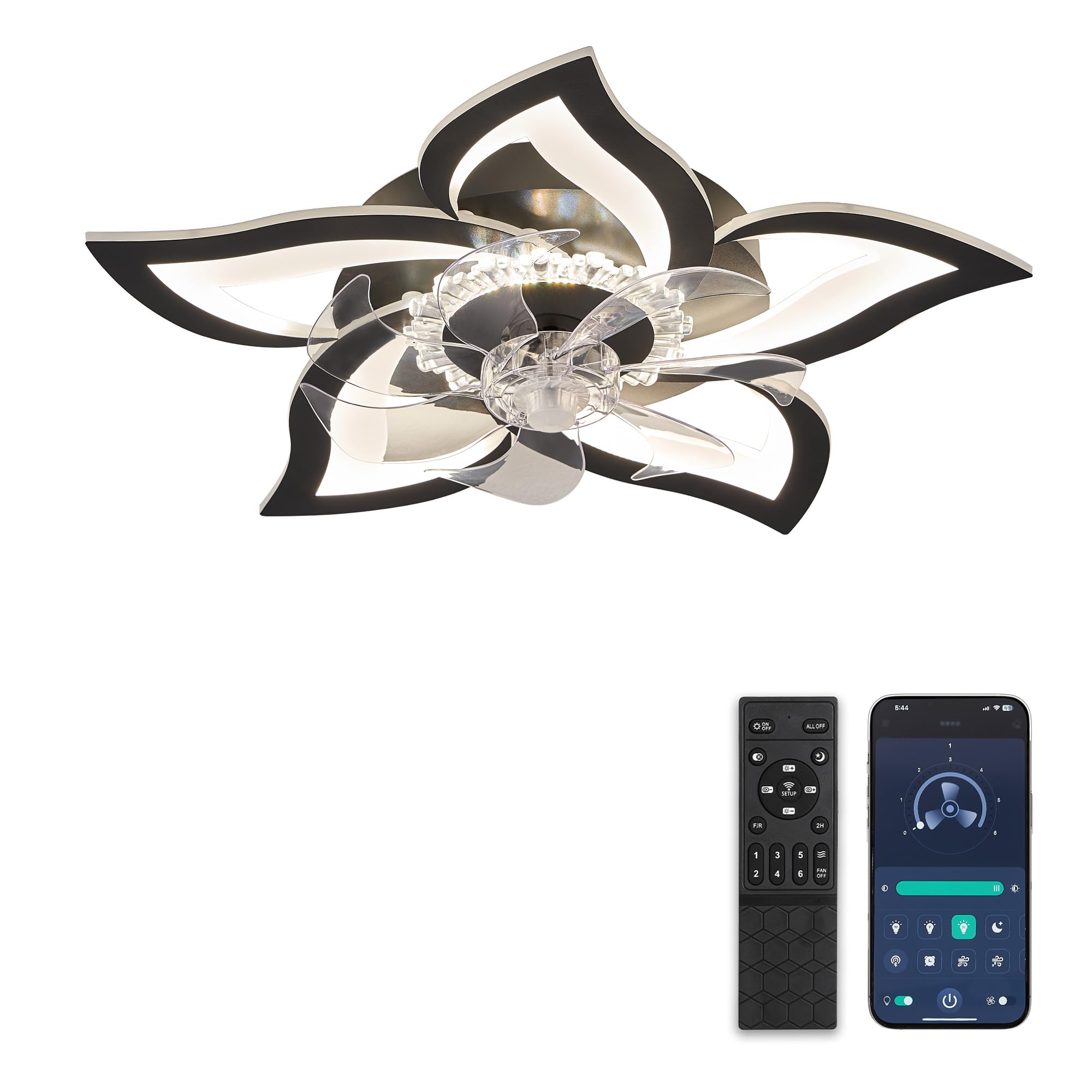 ZMISHIBO Deckenventilator mit Beleuchtung,69cm,Lampe mit Ventilator,DC-Motor,6 Geschwindigkeiten,dimmbare LED,Bluetooth-App,Timer,leise,Blütenform-Design in Schwarz für Schlafzimmer und Wohnzimmer