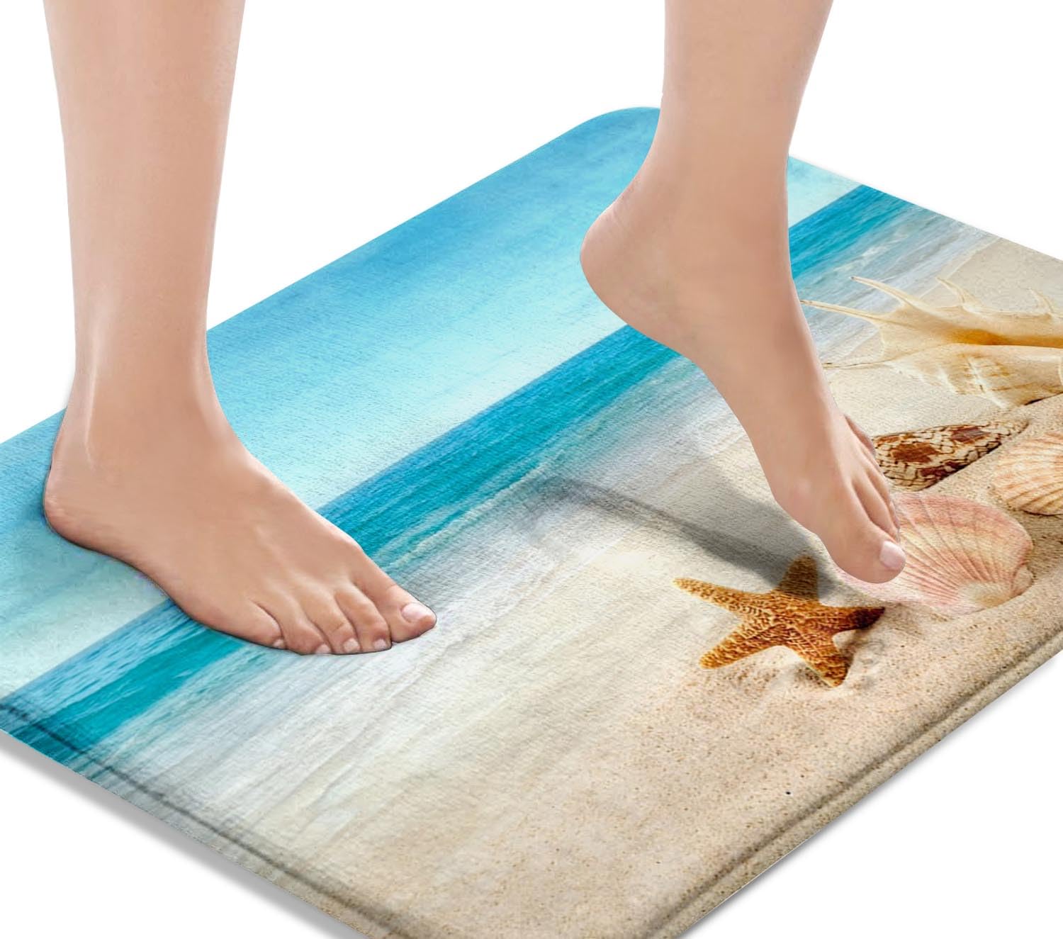Britimes Bath Mat for Bathroom, Blue Beach Starfish Sea Washable Cover Floor Rug Carpets Floor Mat Bathroom Decorations 20x32 Inches for Kitchen