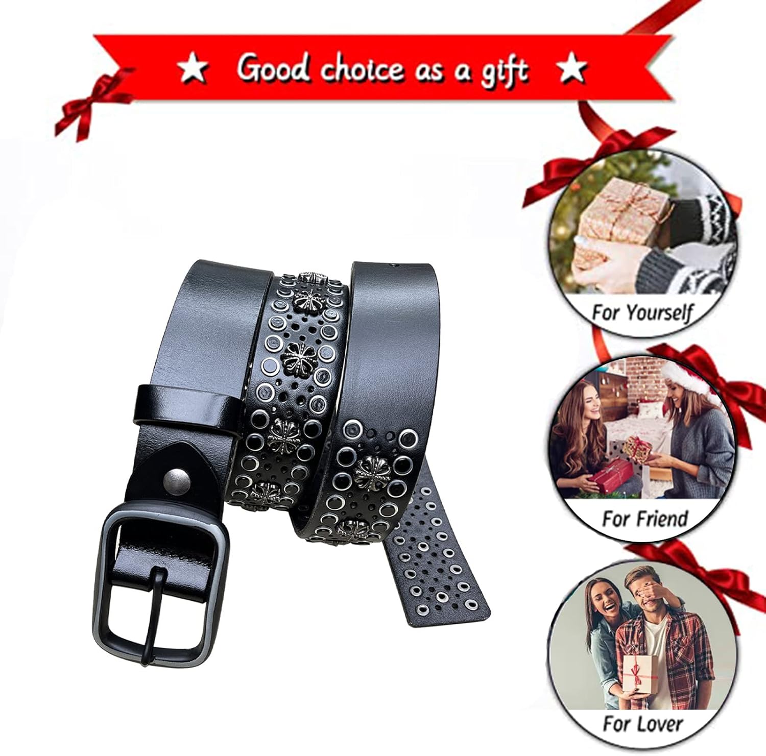 Unisex Punk Rock Studded Cow Leather Belt (125cm/42-44", Black) - Hollow Flower Engraved Rivet Waistband