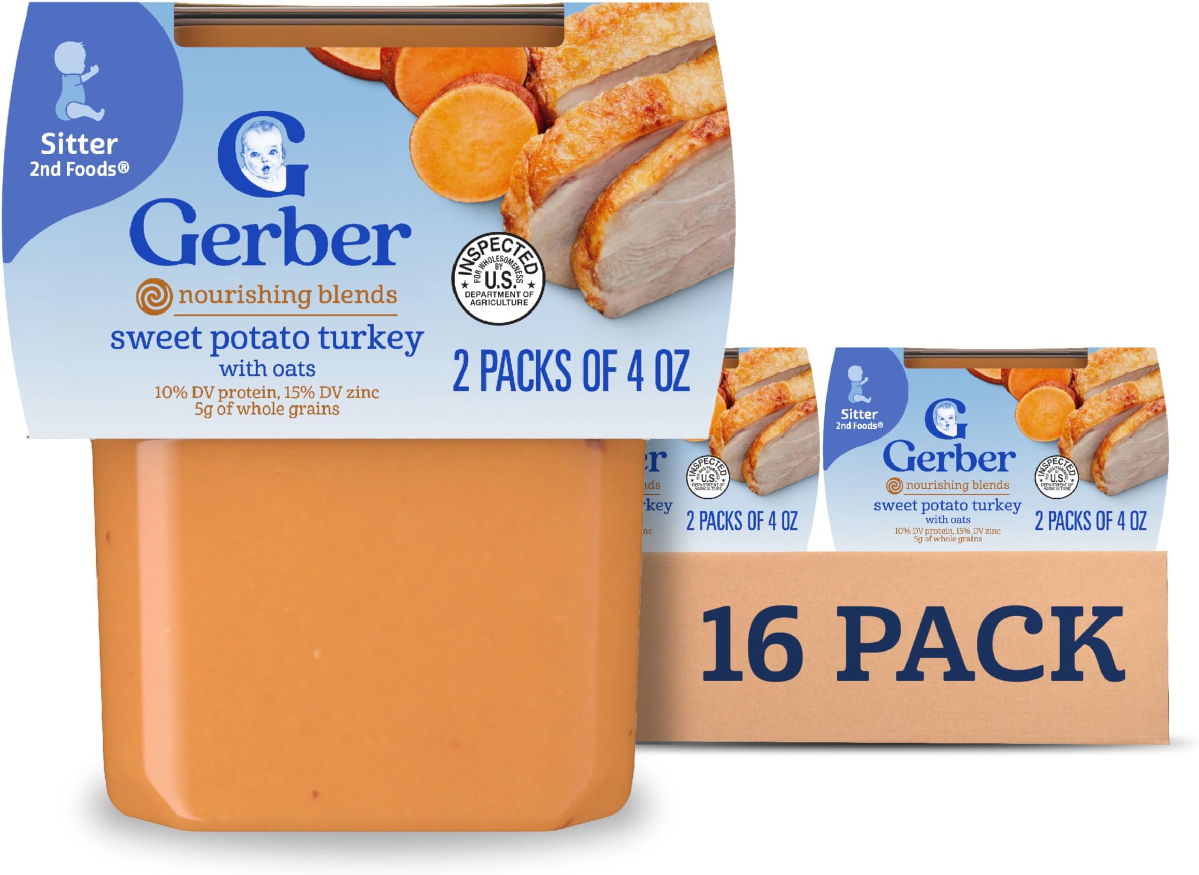 Gerber Stage 2 Baby Food, Sweet Potato Turkey with Oats Puree Tub, Nourishing Blends, No Added Colors or Flavors, Baby Puree, 16-Pack