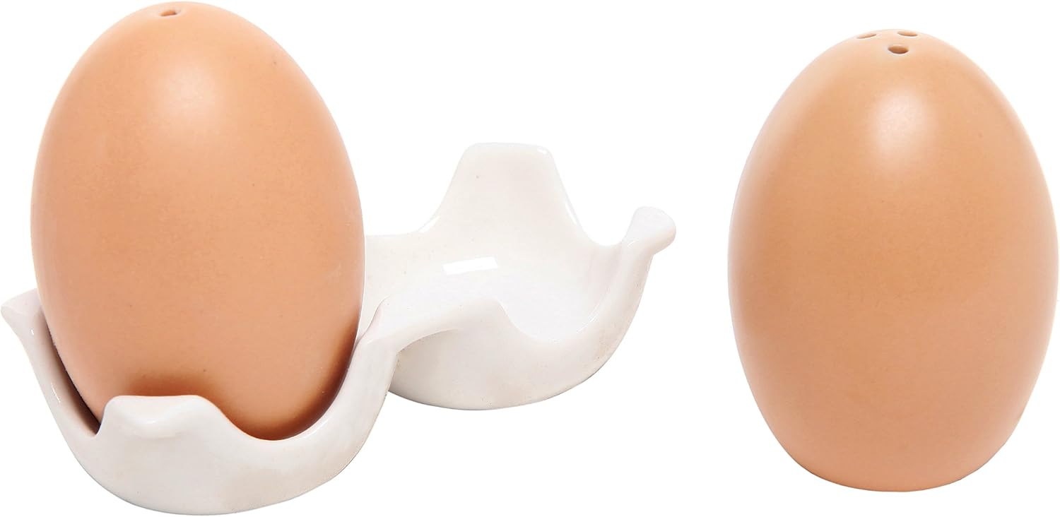 MyGift Ceramic Salt and Pepper Shaker Set, Mini Brown Egg Shaped Shakers with Carton Design Holding Stand, 3 Piece