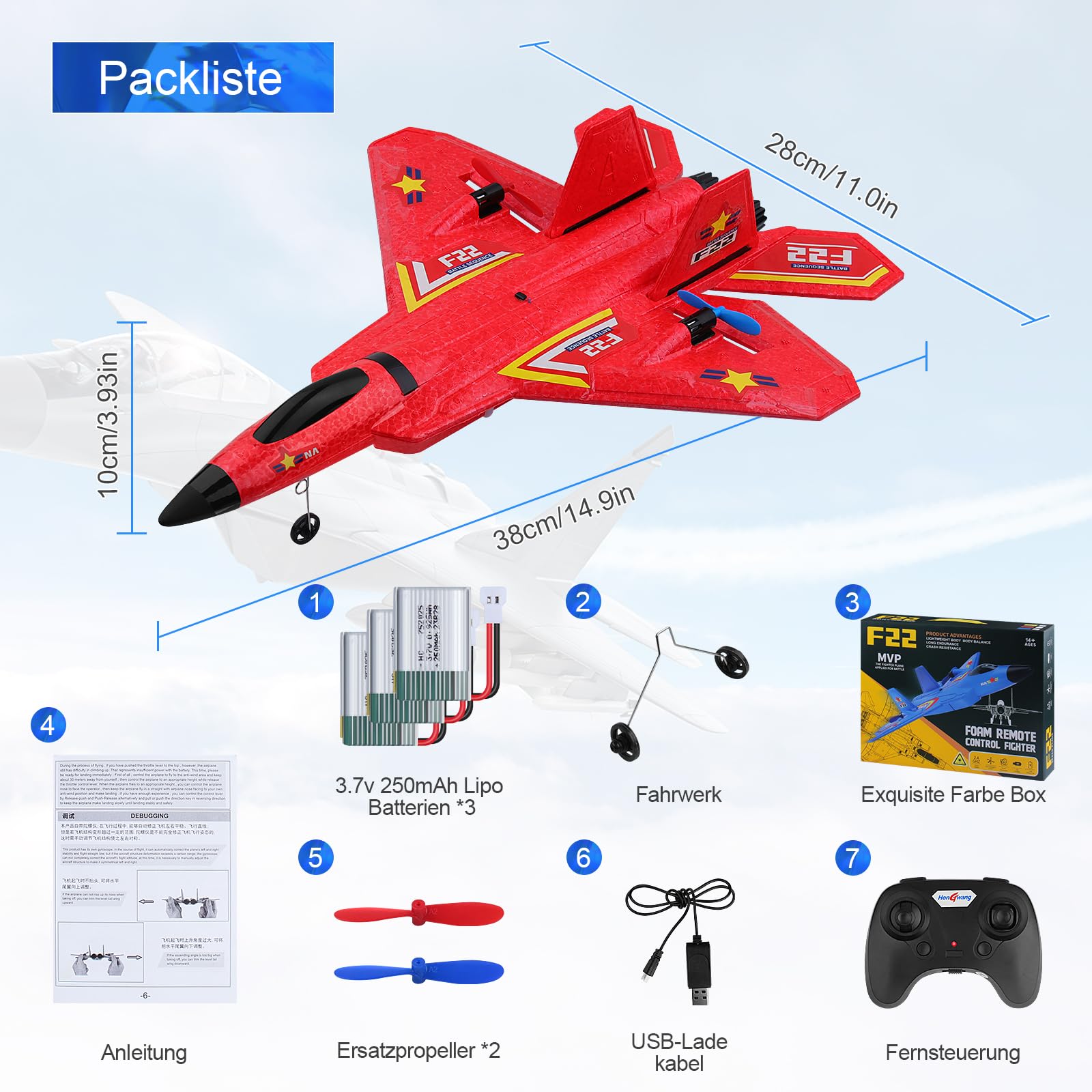 Henakmsl 3CH Aereo Telecomandato FX22, 2,4 GHz Aereo RC Aeroplano Telecomandato con 2 Batterie e Luci Colorate, Aliante Volante Telecomandato per Adatto a Bambini/Adulti/Principianti, Rosso