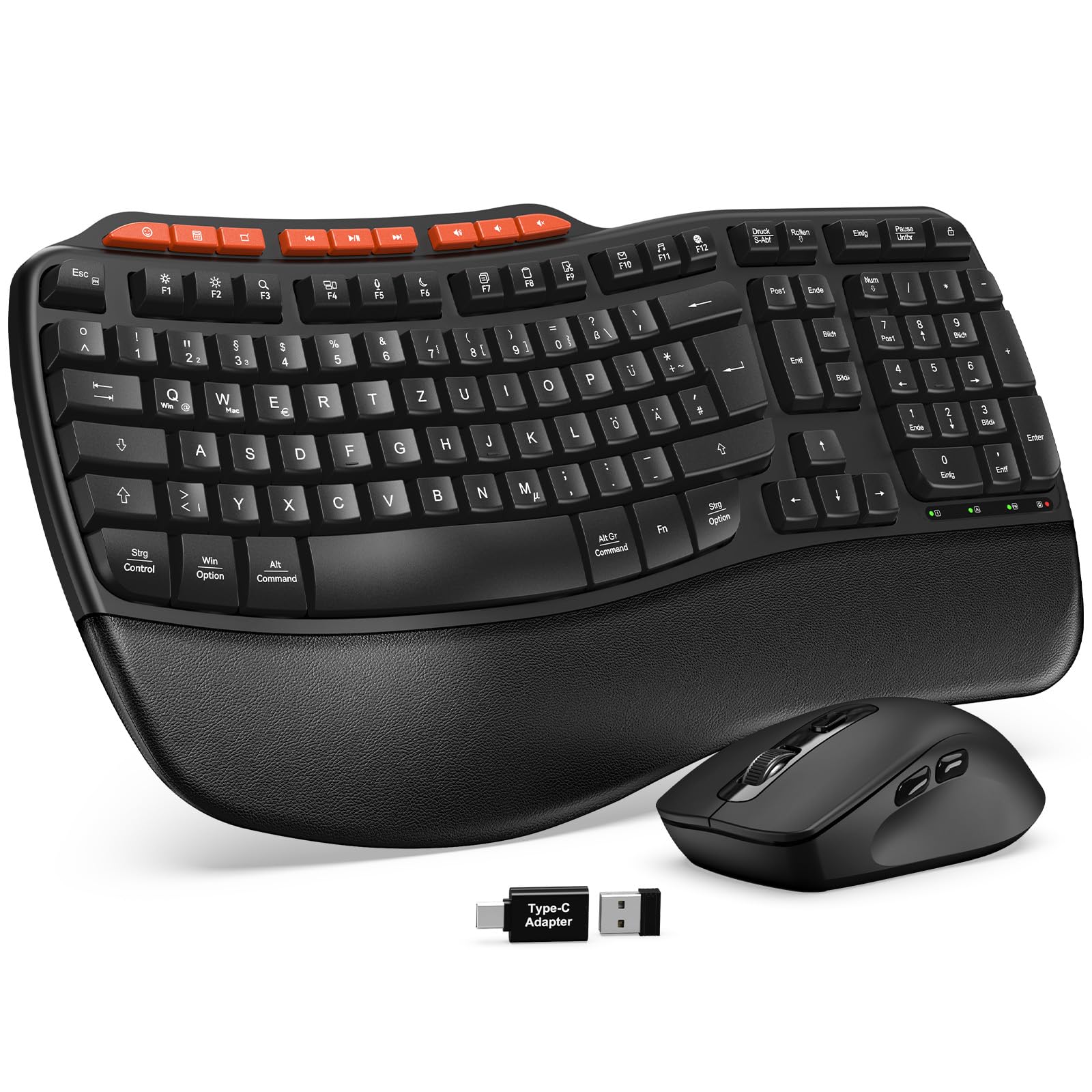 Tastatur Maus Set Kabellos, 2,4GHz Wave Tasten in Voller Größe, Ergonomische Tastatur mit Gepolsterte Handballenauflage und 4 Neigungswinkel, 3 DPI Maus für Windows/Mac OS/Desktop/Laptop/PC - MA31