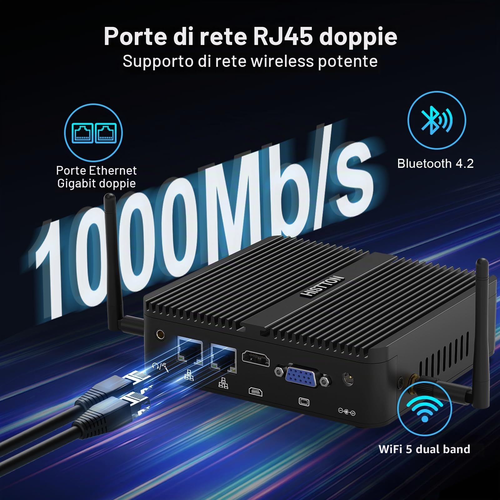 HISTTON N100 Mini PC Fanless, PC Industriale, DDR4 8GB RAM 128GB SSD, 2 LAN, Wifi 5, BT4.2, Micro PC con 2 RS232 COM, HD & VGA, USB3.0, Mini Computer Desktop Win 11 Pro