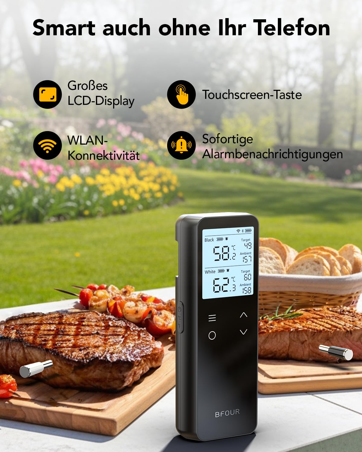 BFOUR BF-80 Fleischthermometer kabellos, WLAN & Bluetooth Grillthermometer, 2 Sonden, WLAN unbegrenzte Reichweite, IP67 wasserdicht, APP-Steuerung, Bratenthermometer für BBQ, Backofen, Grill