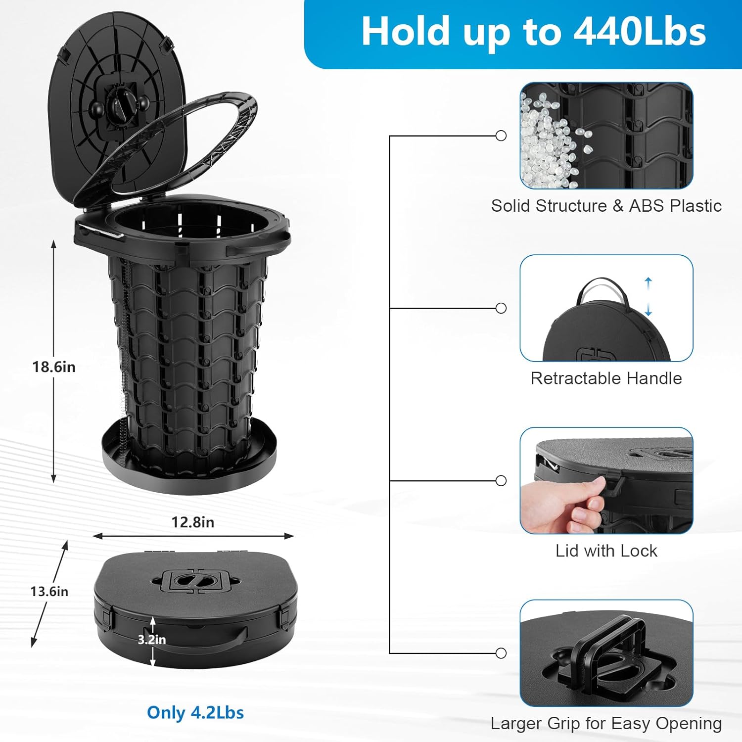 imodomio Retractable Portable Toilet Camping Toilet - Adjustable Height Camp Toilet Portable Potty for Camping, Car, Travel, Boat, Beach, Tent and Emergency Use