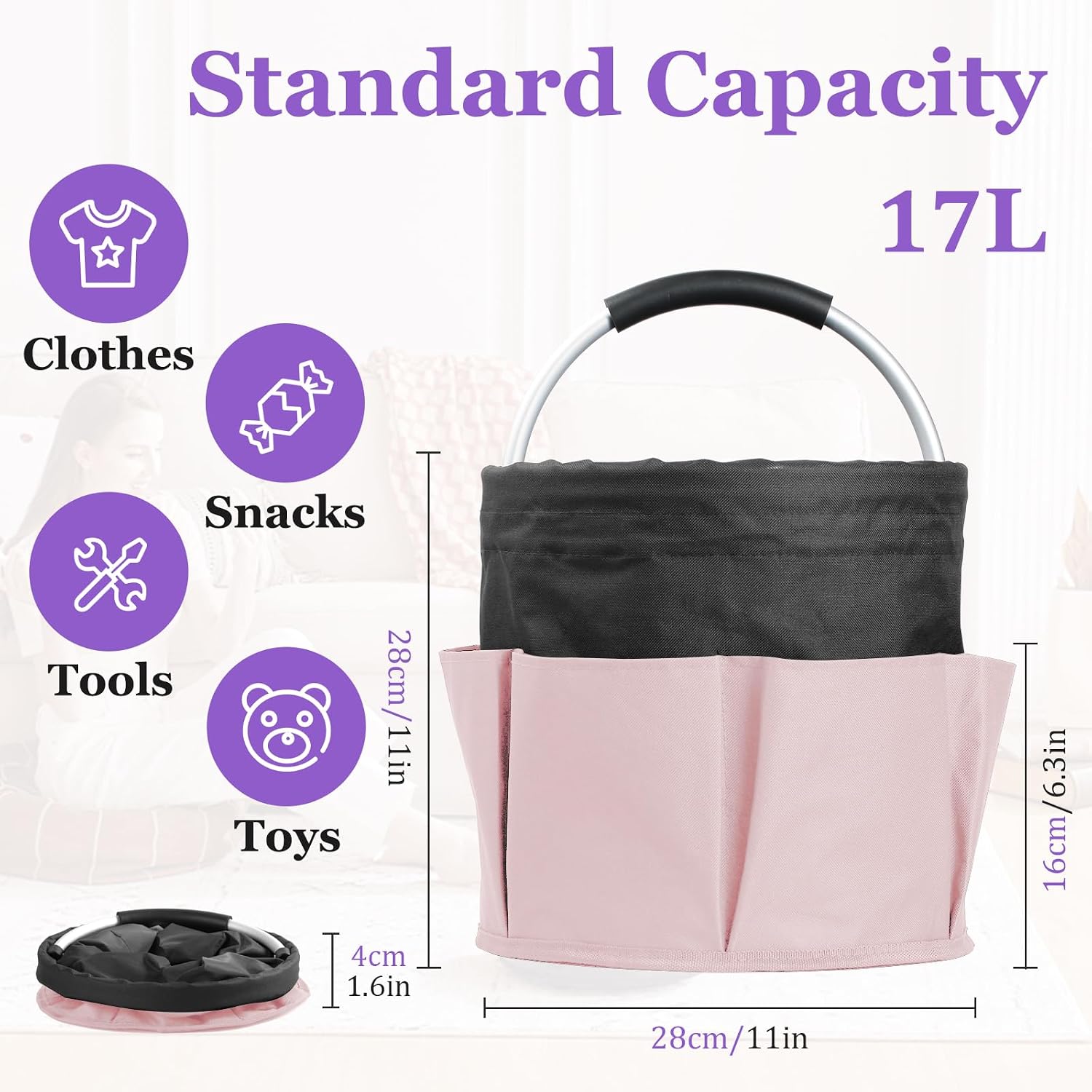 17L Cleaning Supply Caddy for Family, Portable Shower Caddy with Handle and 6 Pockets, Foldable Tool Bucket Organizer, Large Storage Basket for Camping, Gardening, Black with Pink image 2