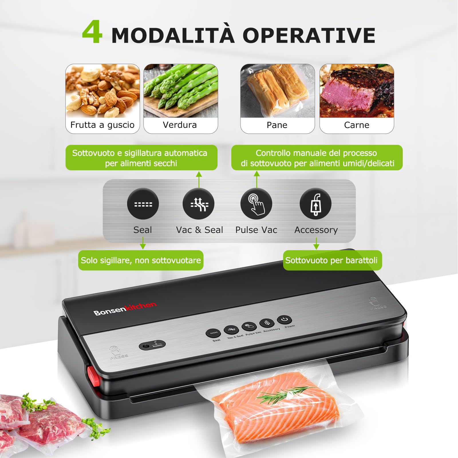 Bonsenkitchen Macchina Sottovuoto per Alimenti, Tagliapasta Incorporato e Rotoli per Sacchetti Sottovuoto e Starter Kit, Dispositivo di Aspirazione Esterno, con 50 sacchetti sottovuoto