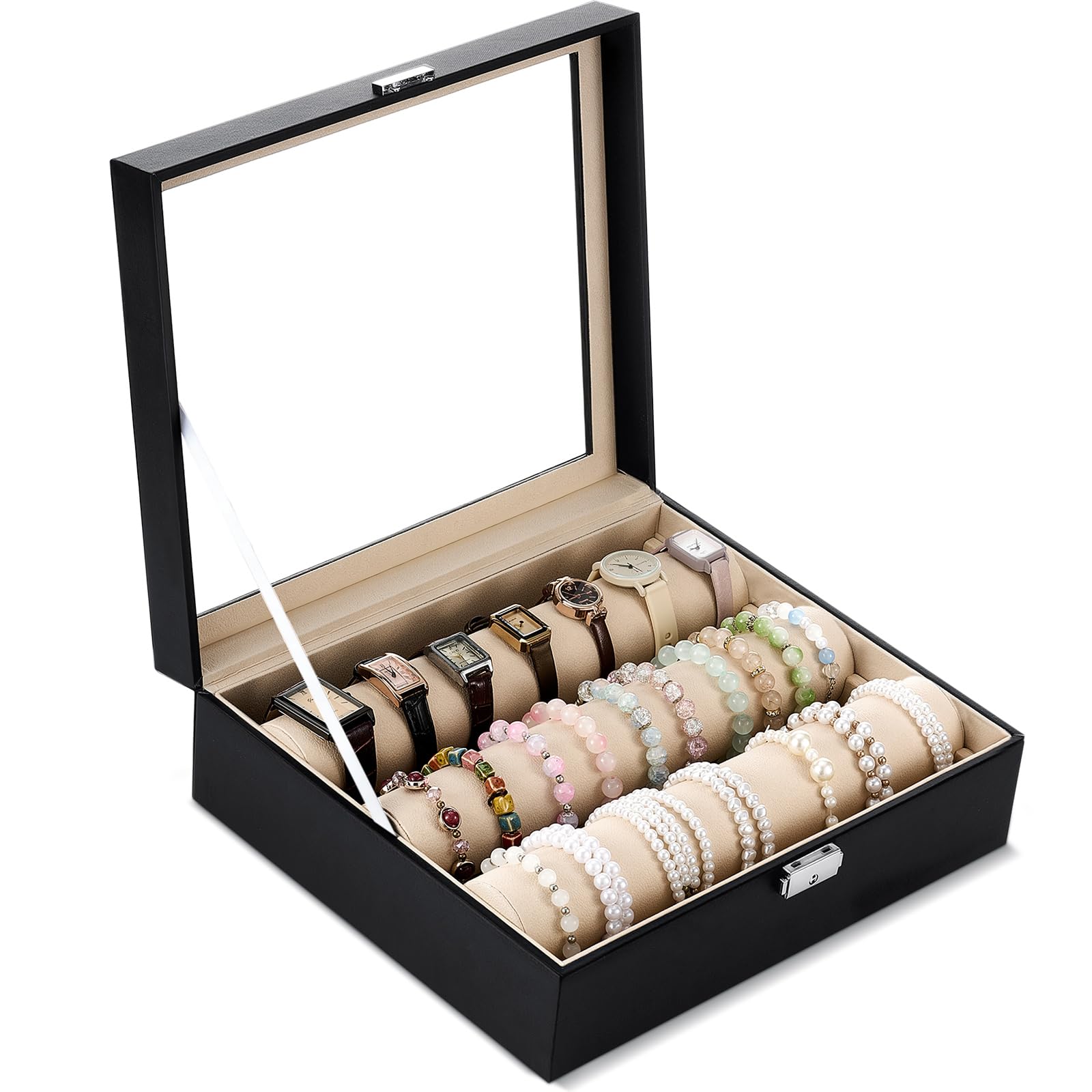 nosiny bracelet display holder with 3 removable rolls bangle organizer display clear lid bracelet organizer box jewelry storage case for women retail bracelets watch stores(black,pu leather)