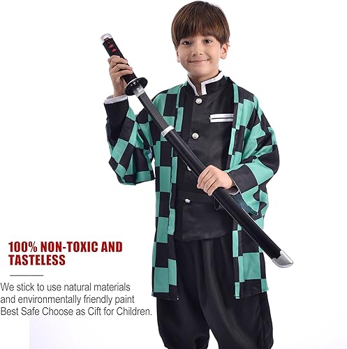 Vista 4 de Demon Slayer - Espada para niños de 31 pulgadas, hoja de bambú con cinturón y soporte de espada, espada de anime de textura original, Katana Demon