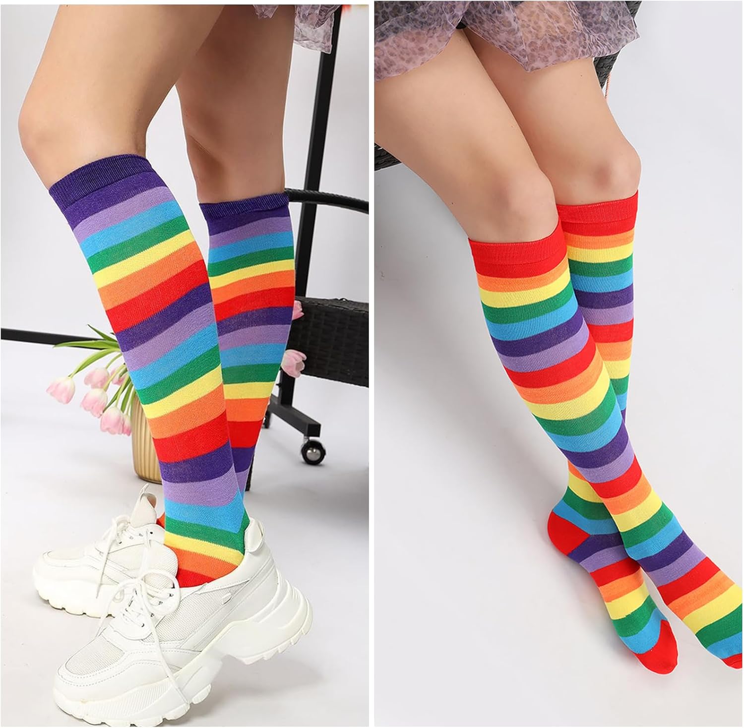 3 Pairs Rainbow Socks for Women, Funky Colorful Stripe Thigh High Over Knee Socks, Pastel Colorful Rainbows Tights Stockings Accessories for Women and Girls