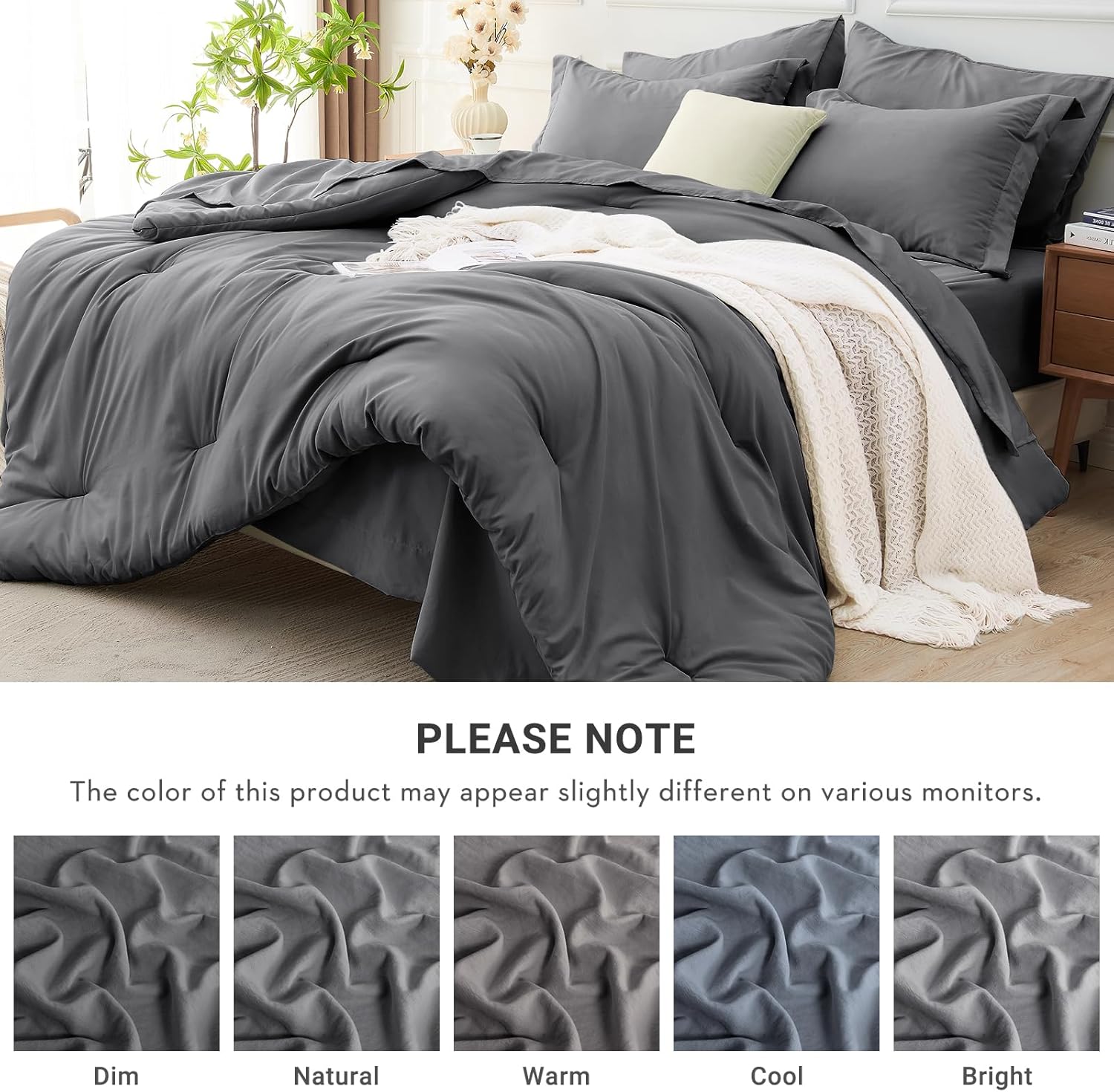 MUXHOMO 5 Pieces Twin Comforter Set, Soft Bed in a Bag Twin Size, All Season Bedding Set with Comforter, Flat Sheet, Fitted Sheet, Pillowcases & Shams, Dark Grey - Image 7