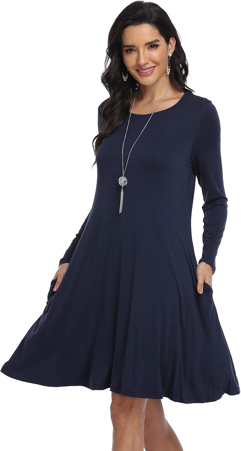 VintageClothing Women's Casual T Shirt Dresses Long Sleeve Loose Swing Dress with Pockets