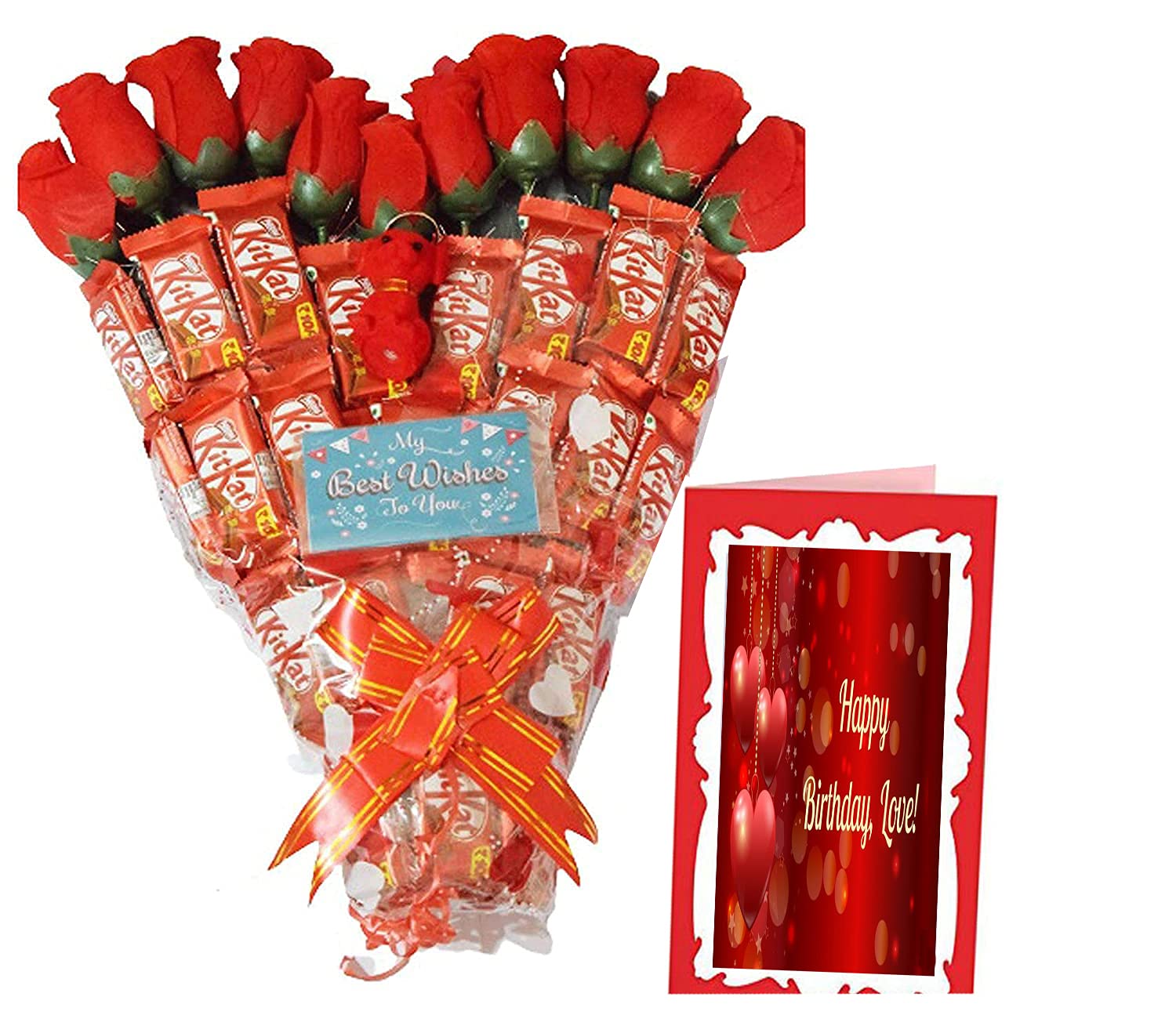 Holy Krishna's Heart Shape Bouquet Of KitKat chocolates Pack Of 10 for Best Wishes & Happy Birthday Love Card with Soft Toy & Message Card + Laxmi ATM Card (All Items As Shown in Image)