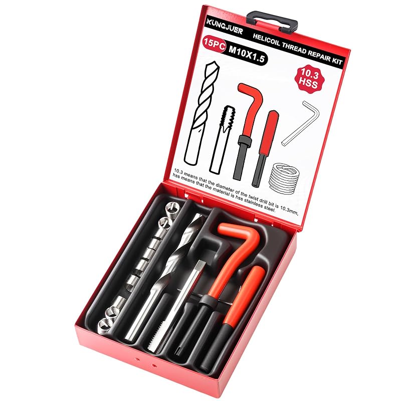 Kit de Reparo de Rosca M10 x 1,5 mm KUNGJUER com Insertos Helicoil, Ferramentas e Estojo