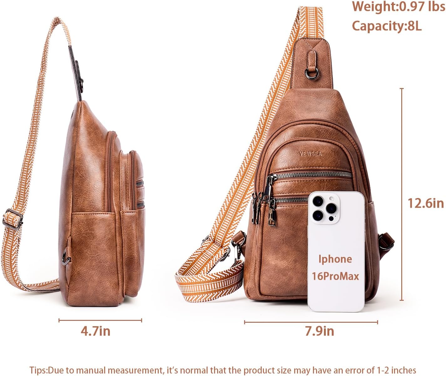 8L Sling Bag For Women Men Backpack Crossbody Fanny Pack Travel Shoulder Bags Purse Handbag Gifts For Her PU Leather Brown - Image 4