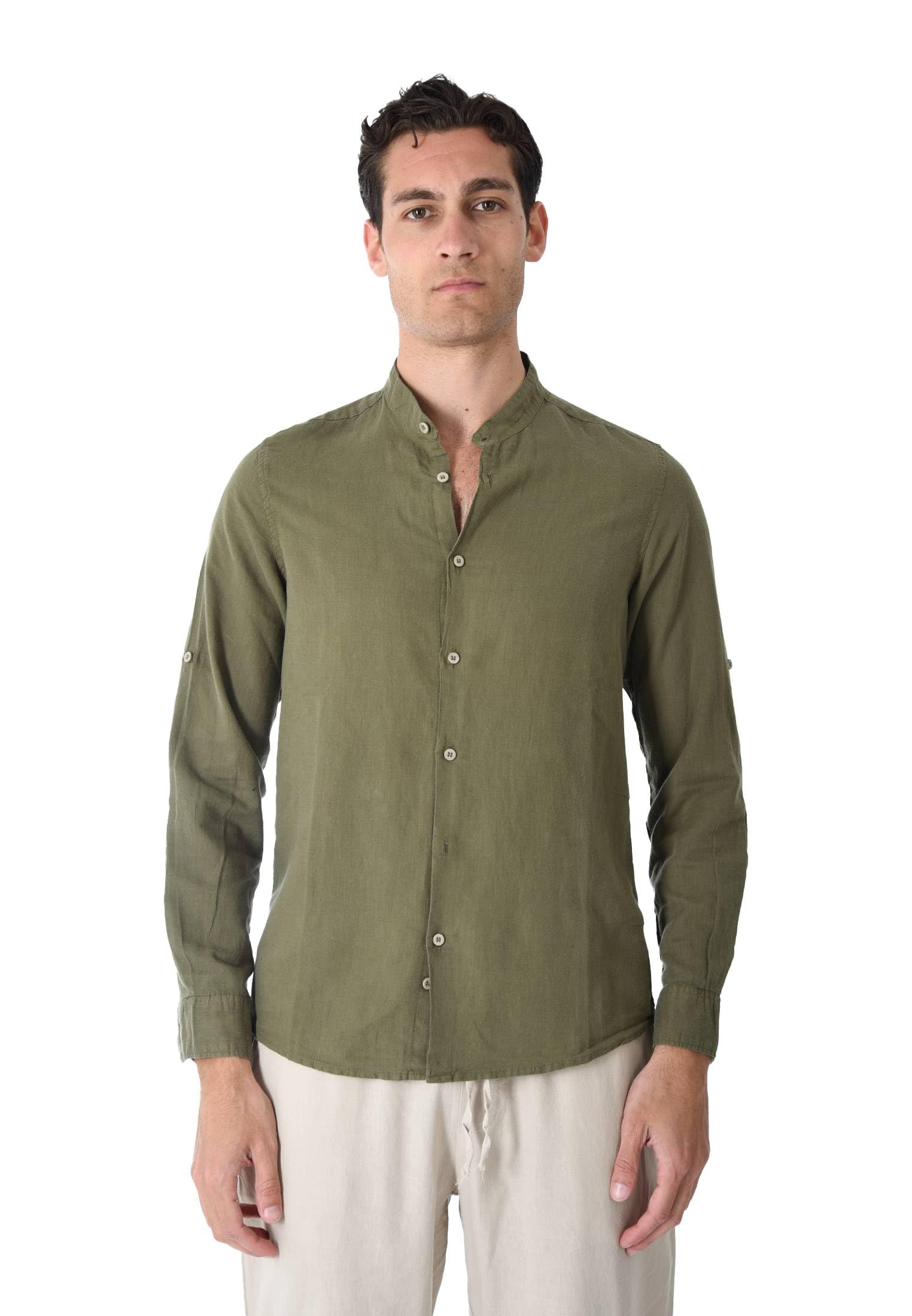 Camisa de hombre 100% lino cuello coreano blanco azul beige celeste negro rosa verde manga larga verano Slim Fit Serafino Sartorial Mangas revolables Verde L