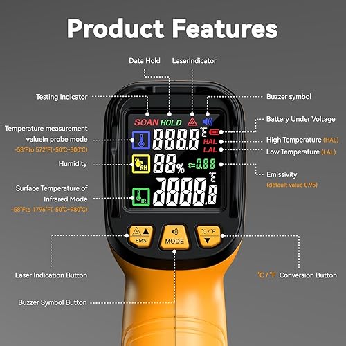 Miniatura 4 de Pistola de temperatura de termómetro infrarrojo -58F a 1796F, pistolas de temperatura de modo dual 501 con termopar tipo K para lecturas internas,