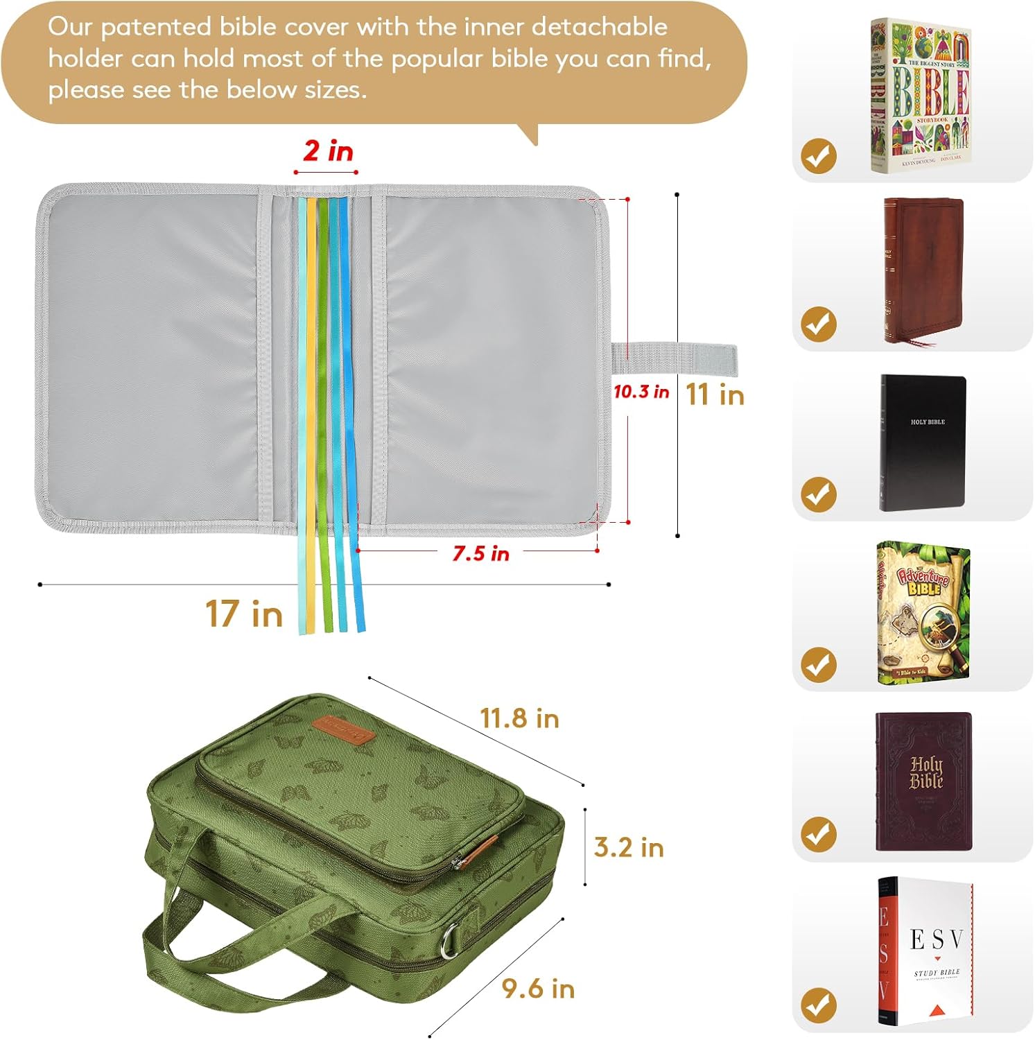 Bible Cover Case Deluxe with Gift Box - Water-Resistant Bible Cover Crossbody Bag for Large Print Bibles, Complete Study Kit with Bookmarks, Pens & Stickers, Green Butterfly - Image 2