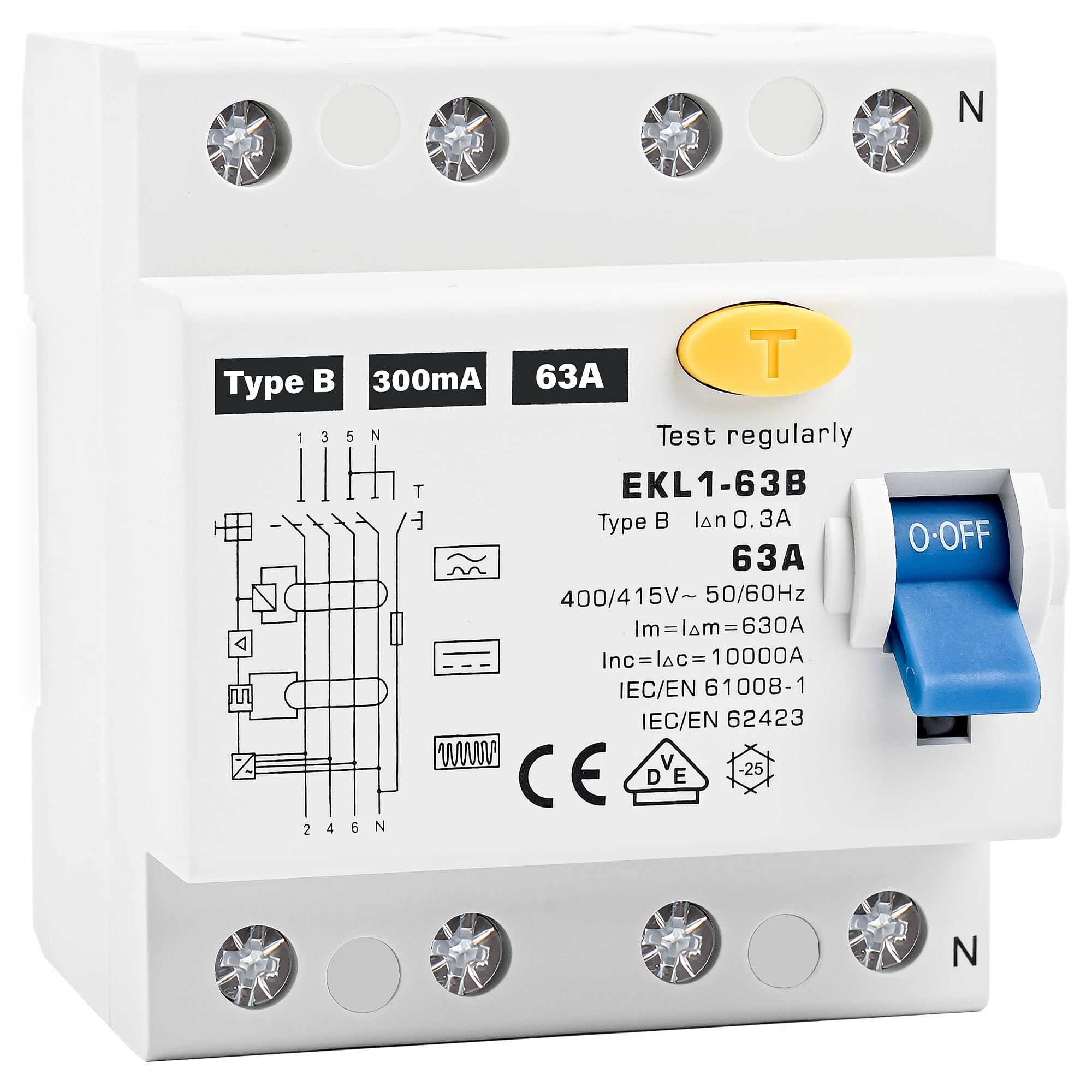 Warmfay Interruptor de protección tipo B 63 A 300 mA 4 pines, certificación VDE, interruptor RCD sensible a todos los flujos, interruptor automático para estaciones de carga, montaje en carril DIN