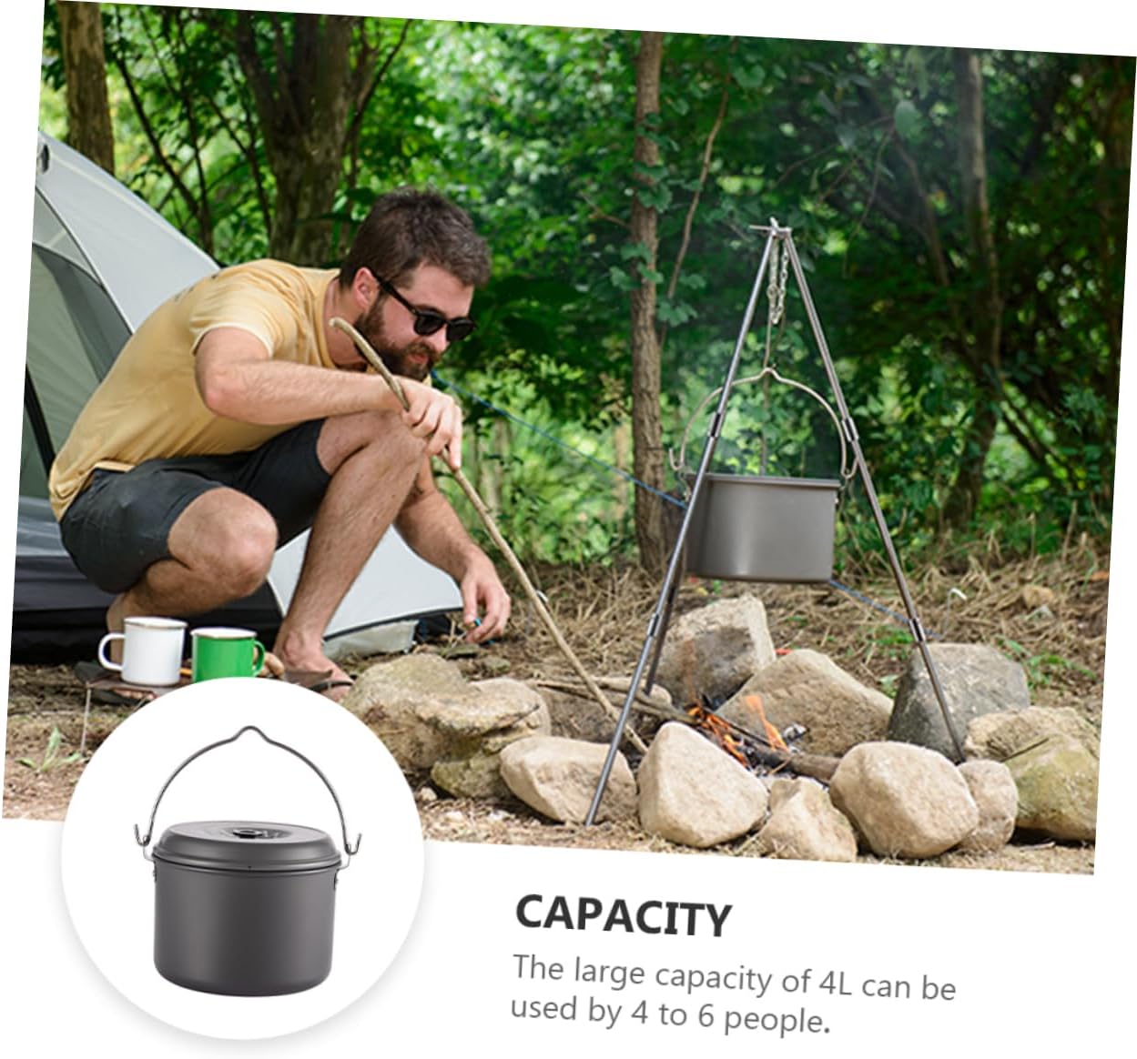 Yardwe 4l Large Capacity Camping Pot Portable Cookware for 4-6 People Outdoor Cooking Pot Hanging Handle Hiking Camping Kitchenware
