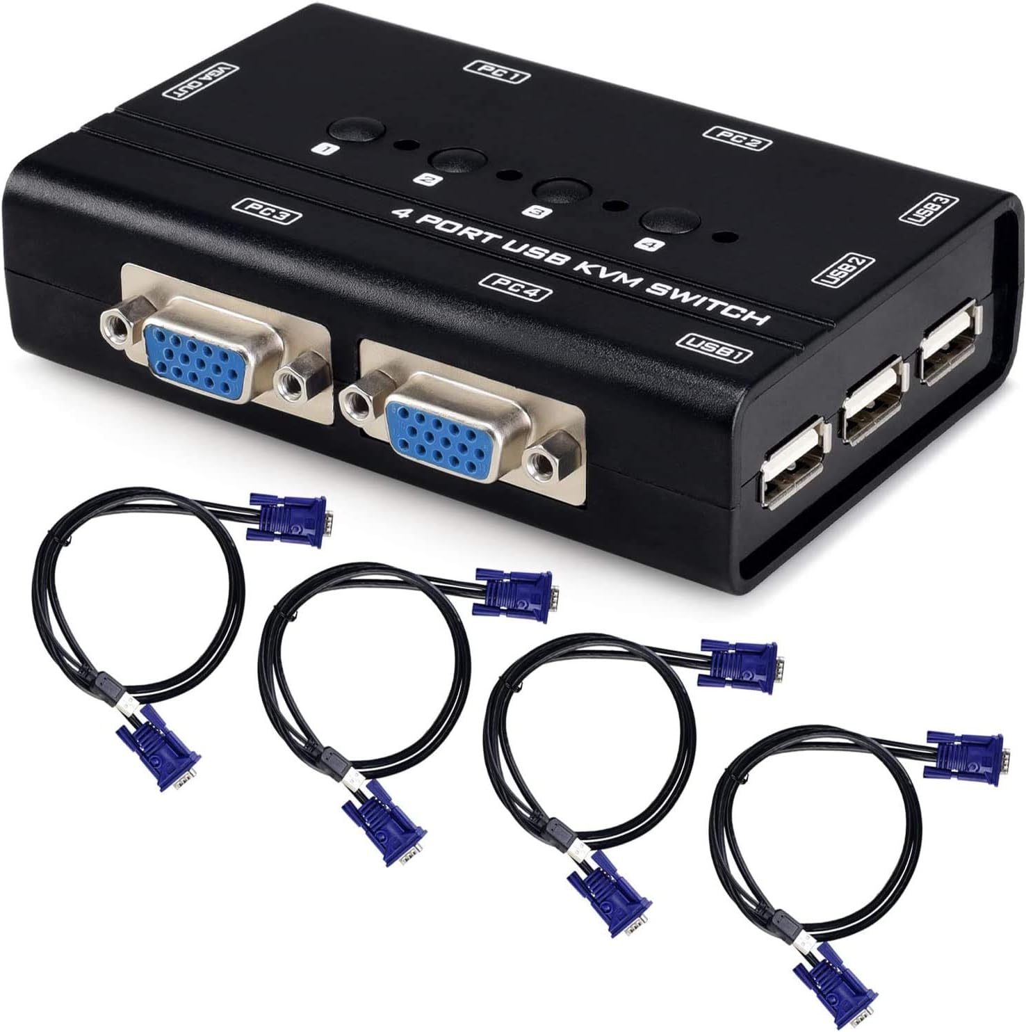 TCNEWCL VGA KVM Switch with 4 Cables, Selector Switcher for 4 Computer 1 Monitor and 3 USB Devices, Keyboard, Mouse, Printer