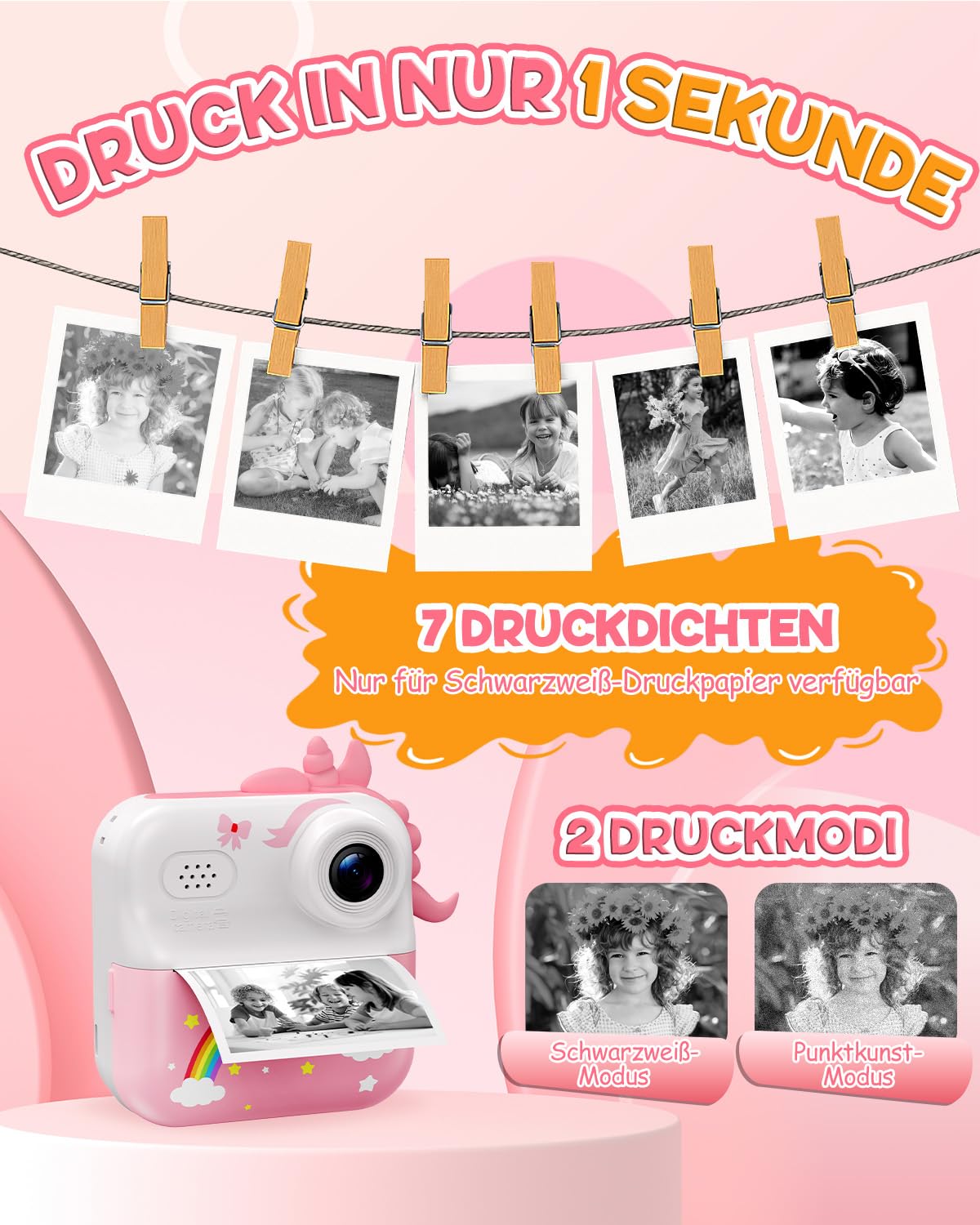 ElecMoga Sofortbildkamera Kinder, 48MP Kinderkamera 1080P HD 2,4 Zoll Bildschirm Digitalkamera mit 32GB Karte & DruckerPapier, Kinder Spielzeug Geburtstag Weihnachten Geschenk für 3-12 Jahren Mädchen