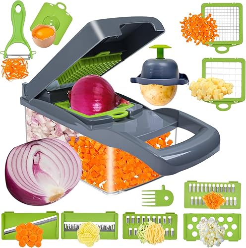 Vegetable Chopper,14-in-1 Multifunctional Veggie Chopper,Black Kitchen Vegetable Slicer Dicer Cutter,Potato Onion Food Chopper with Vegetable Peeler,Hand Guard and Container