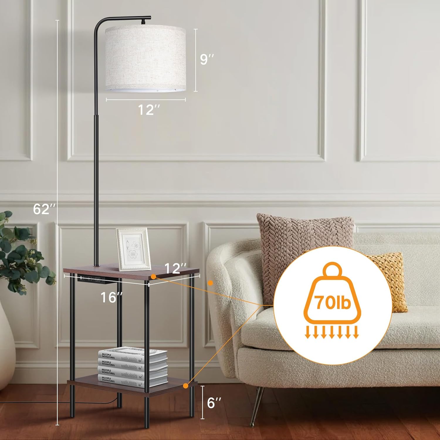 Image showing the dimensions of the OUTON Floor Lamp with Table: 62 inches height, 16 inches depth, 12 inches width for the table top, and 9 inches height for the lampкөлөкө.