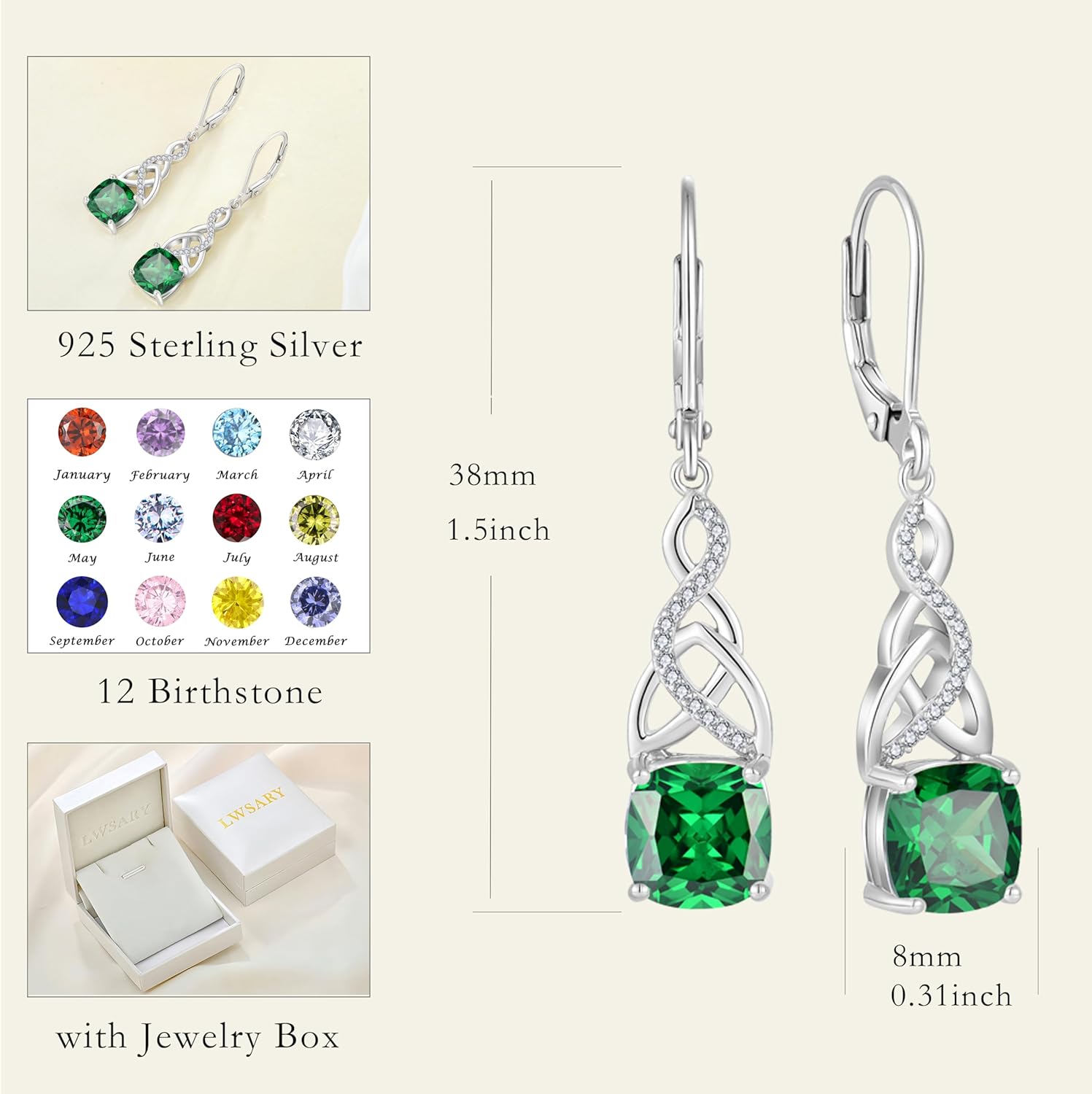 Infinity Celtic Knot Dangle Drop Earrings 925 Sterling Silver Princess Cut Leverback Earrings with Birthstone Irish Jewelry Gifts for Women - Image 6
