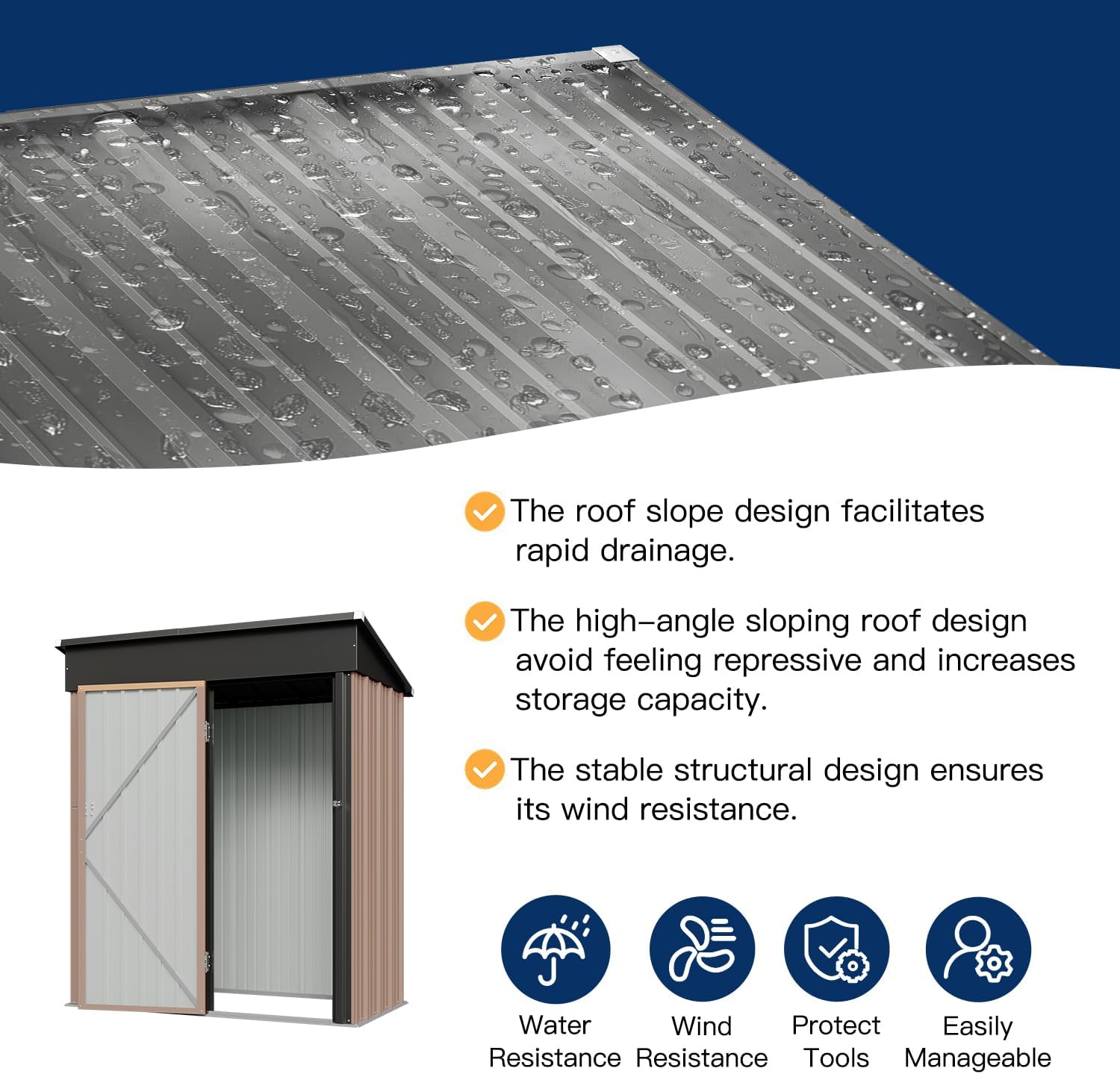 Aoxun 5x2.7 FT Shed Outdoor Storage Shed Metal Tool Shed with Door and Lock Outdoor Shed for Garden, Backyard, Poolside, Brown