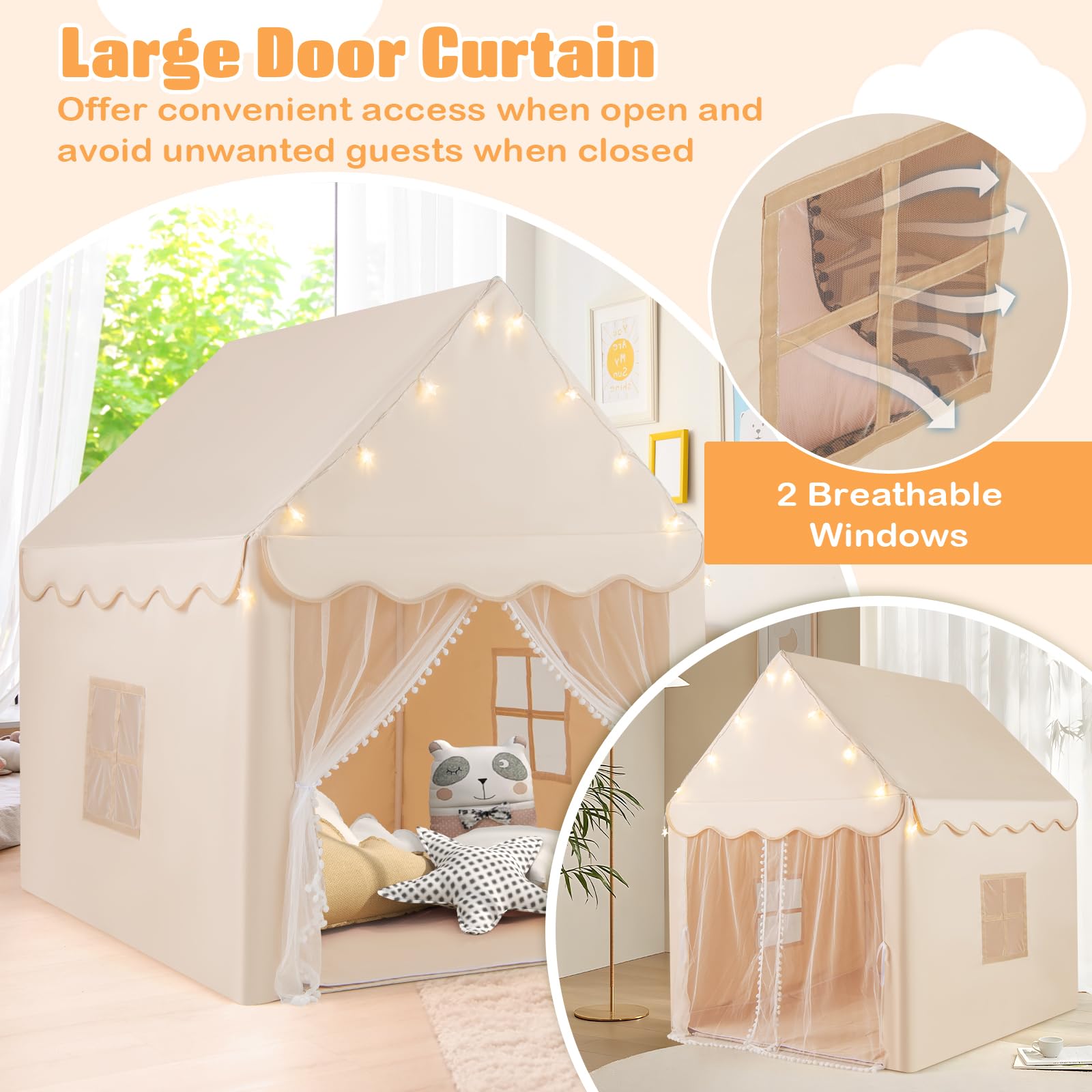 FANTASK Kinderzelt mit Fenstern & Matte, Spielzelt Kinder mit Sternenlichter & doppeltem Vorhang, Kinder Spielhaus für Jungen und Märchen