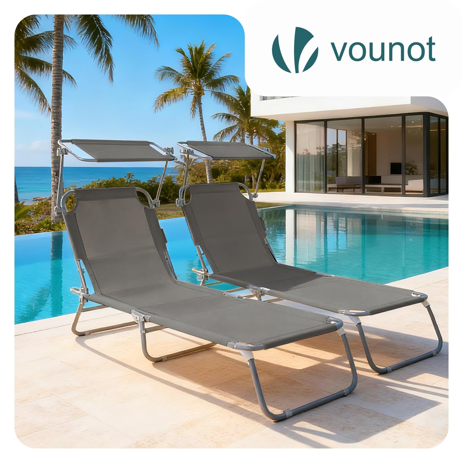 vounot® Lot de 2 Chaise Longue avec Pare Soleil Bain de Soleil Pliable Tissu Polyester Inclinable 4 Positions Transat Charge Max 120KG pour Jardin Terrasse Piscine Plage Camping Gris