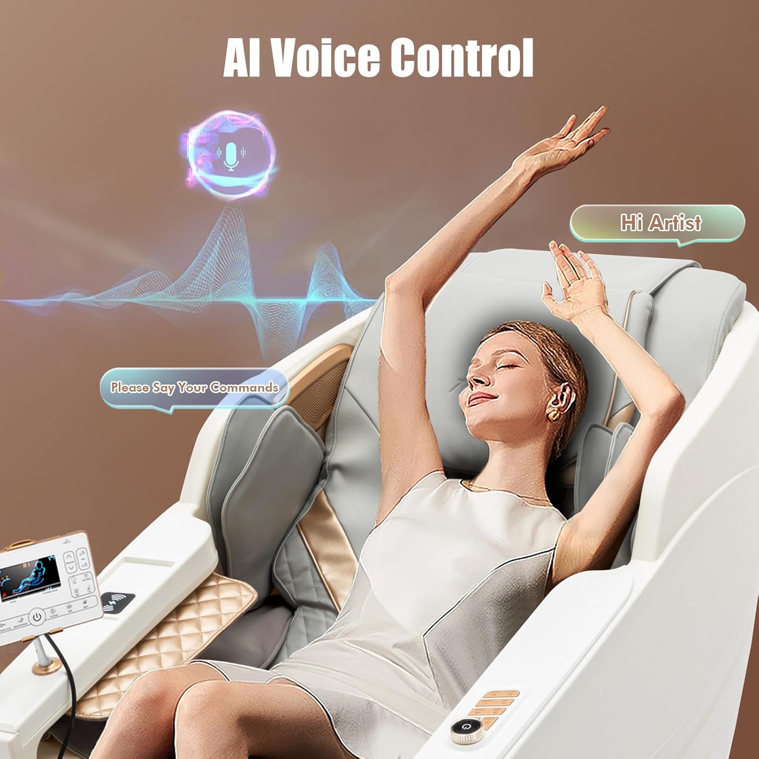 User interacting with AI voice control on the massage chair