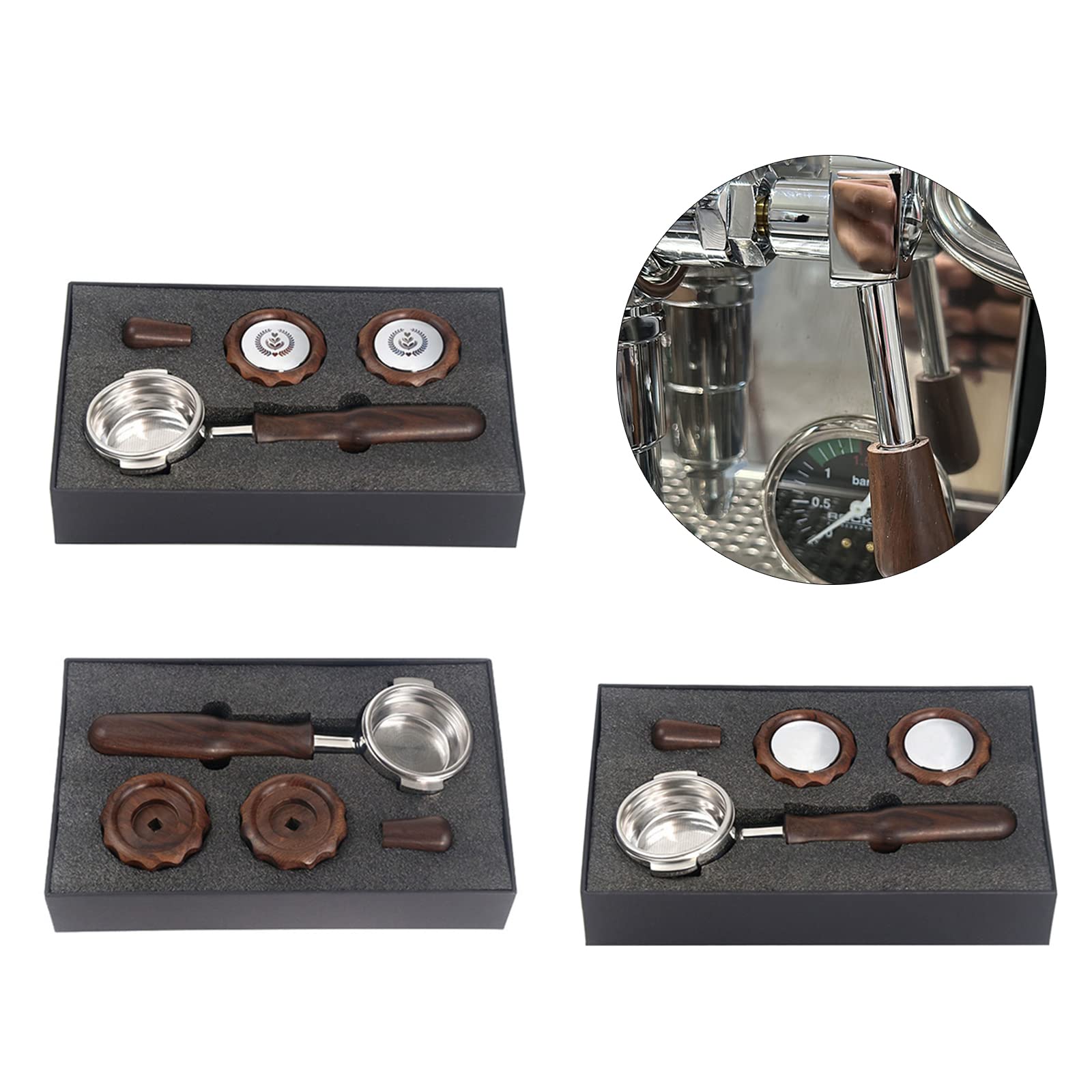 Portafiltro de café sin fondo de 58 mm para máquinas de café /Aibo, máquina de acero inoxidable, mango de madera, mango de madera