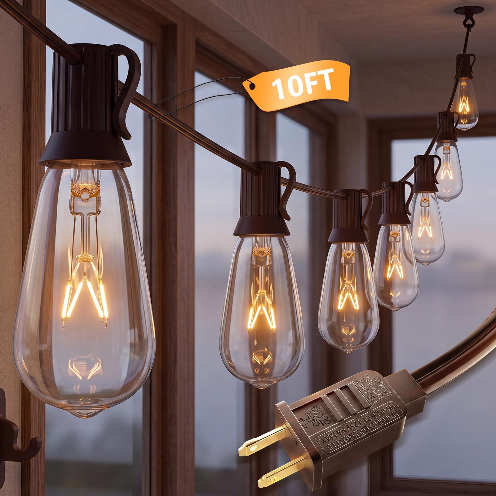10Ft ST40 Outdoor String Lights with 11 Incandescent Bulbs, E17 Scoket Base, Waterproof Patio String Lights, Hanging Vintage Edison Lights Outdoor for Backyard Garden Porch Party Wedding Decor, Brown