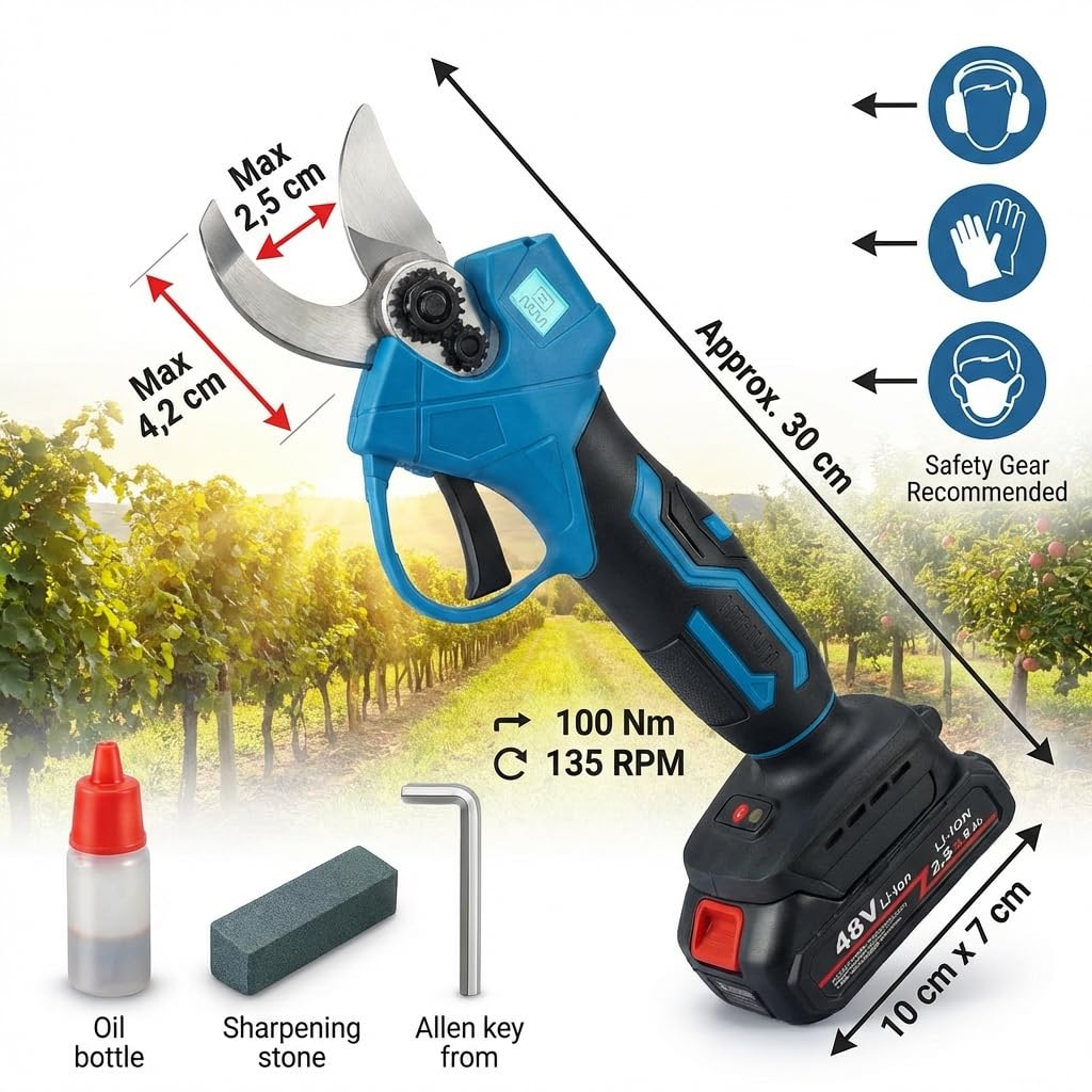 MAKA Forbici Potatura con 2 Batterie da 68V - 6000 mAh - Lunga Autonomia, Trincia Rami Professionale con Display Digitale, Cesoia Elettrica Diametro Potatura 30mm, Ideale per Frutteto, Vigneto (48V)