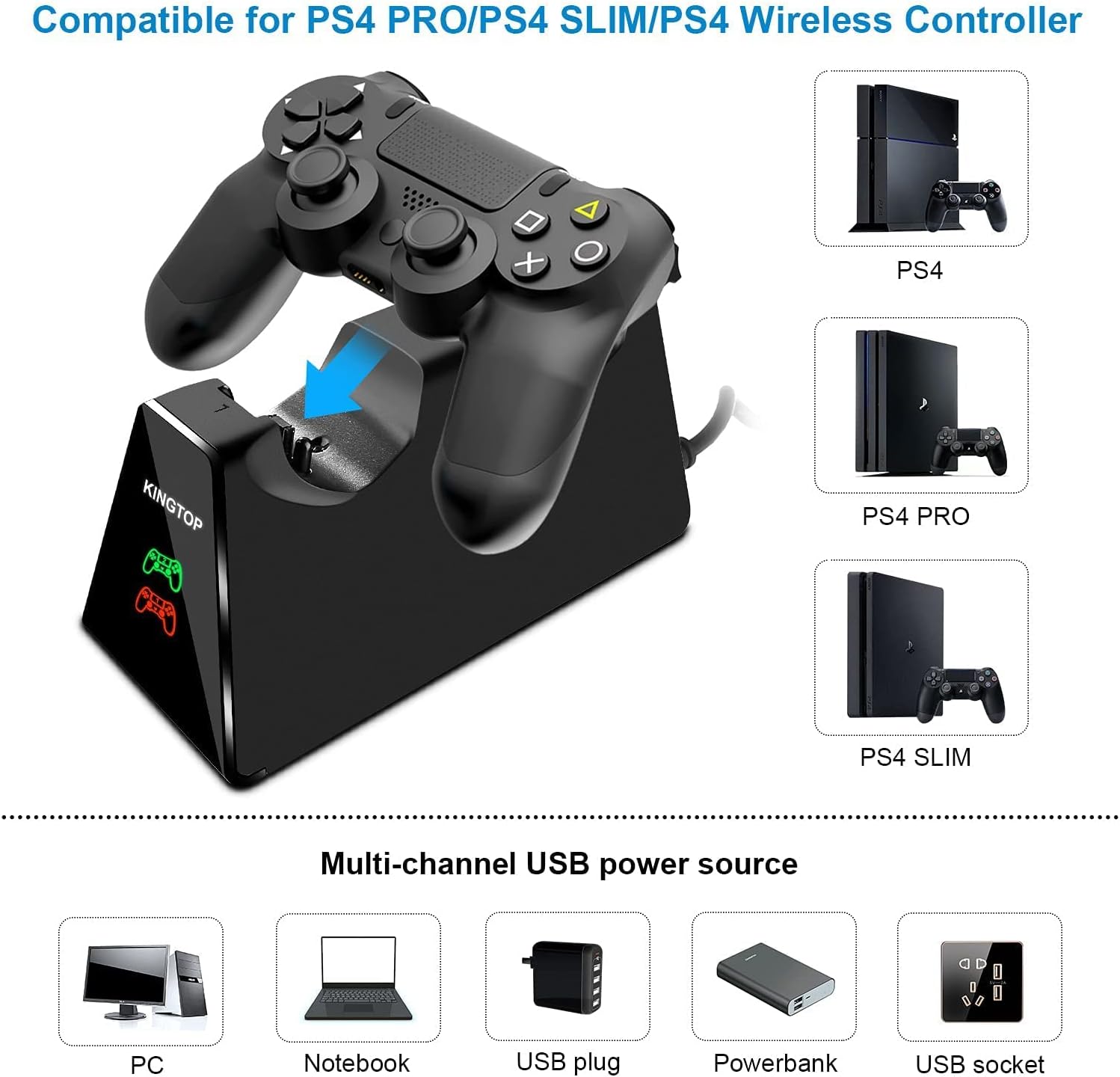 PS4 Controller Charger KINGTOP DualShock 4 Controller Charging Station Dock,Playstation 4 Charging Stand for Sony Playstation4 / PS4 / PS4 Slim / PS4 Pro Controller [Upgrade 2nd Generation]