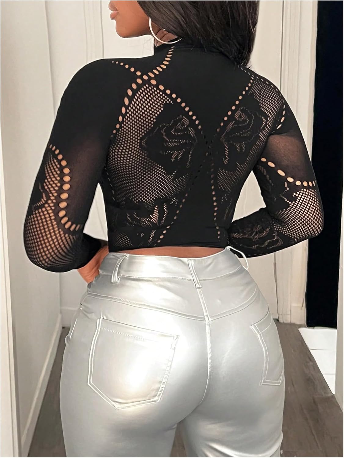 SweatyRocks Women's Sexy Cutout Sheer Mesh Slim Fit Hollow Out Fishnet Stretchy Long Sleeve Crop Shirt Top - Image 2