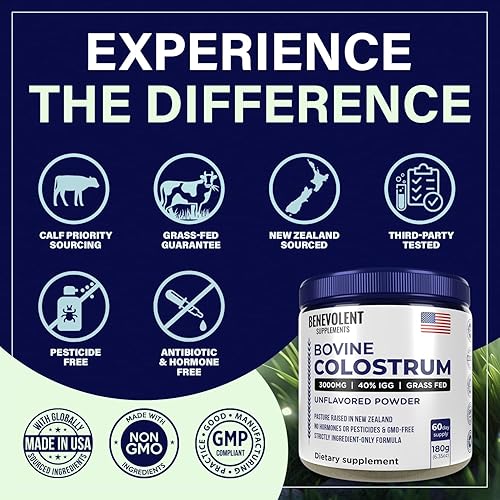 Miniatura 6 de Suplemento en polvo de calostro bovino (3000 mg + 40% IgG + sin rellenos) apoya la salud intestinal y digestiva, recuperación muscular y