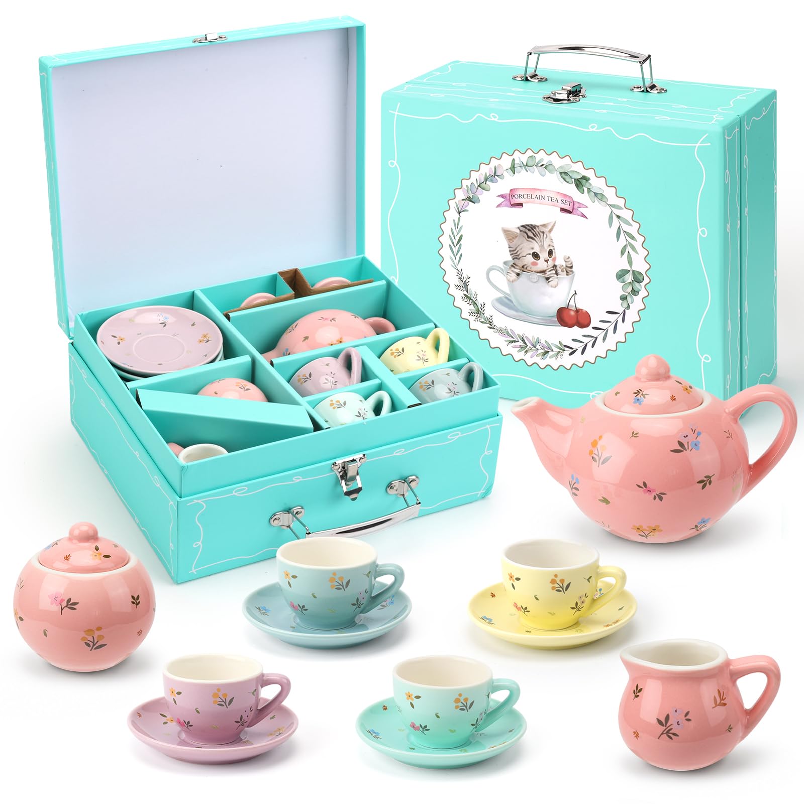 CHENP.HMC Juego de fiesta de té para niñas pequeñas, juegos de 13 piezas para fiesta de té de lata con tazas, platillos, platos y bandejas para servir, regalo de cumpleaños para niñas (HWC)