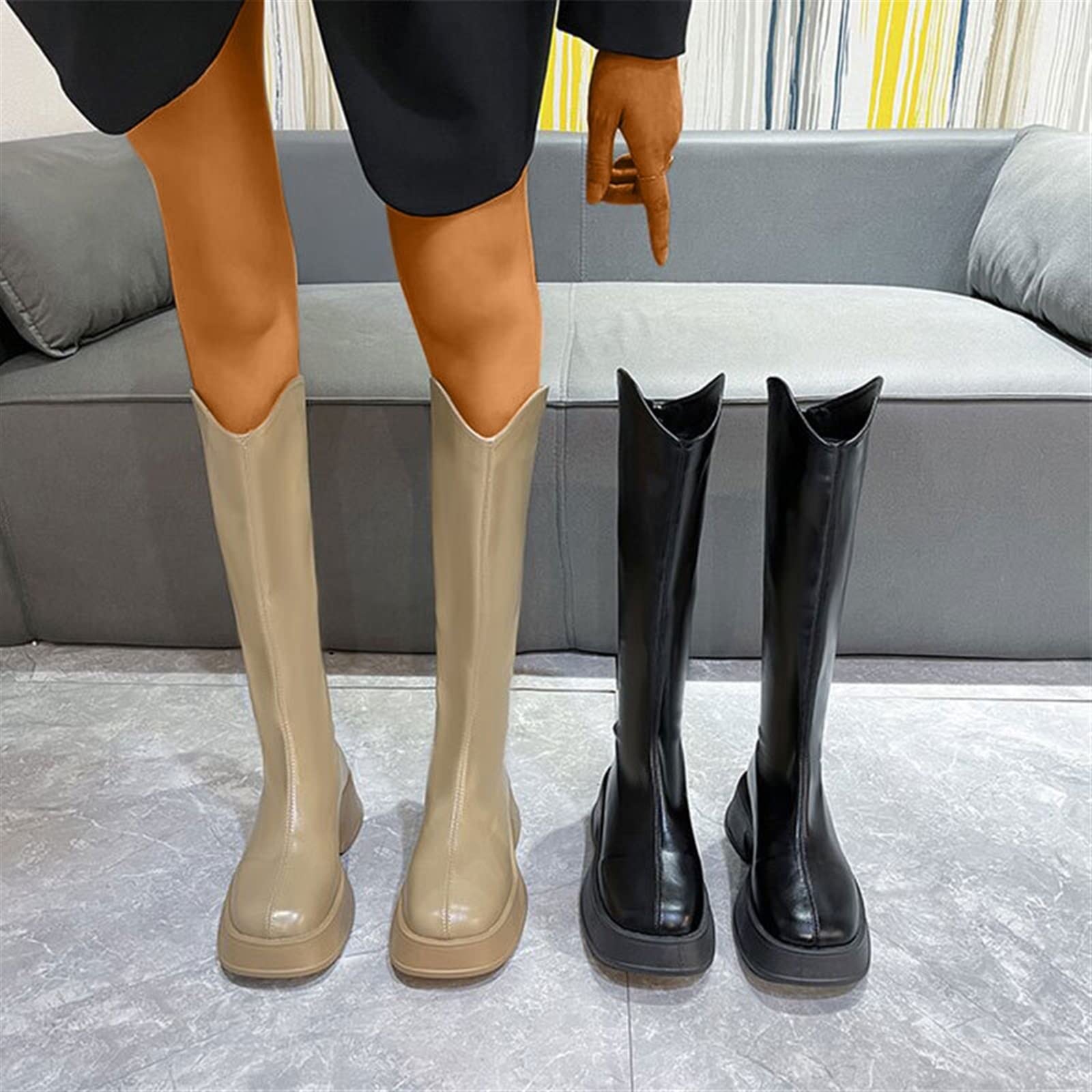 Buty damskie Grube podeszwy Damskie buty do kolan Antypoślizgowe damskie Pu Skóra Kwadratowy obcas Obuwie damskie Damskie botki na zamek błyskawiczny