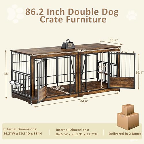 Vista 36 de Mueble doble para perrera de 61 pulgadas para 2 perros, soporte de TV con divisor ajustable, jaula resistente para perros de interior con 4 cuencos