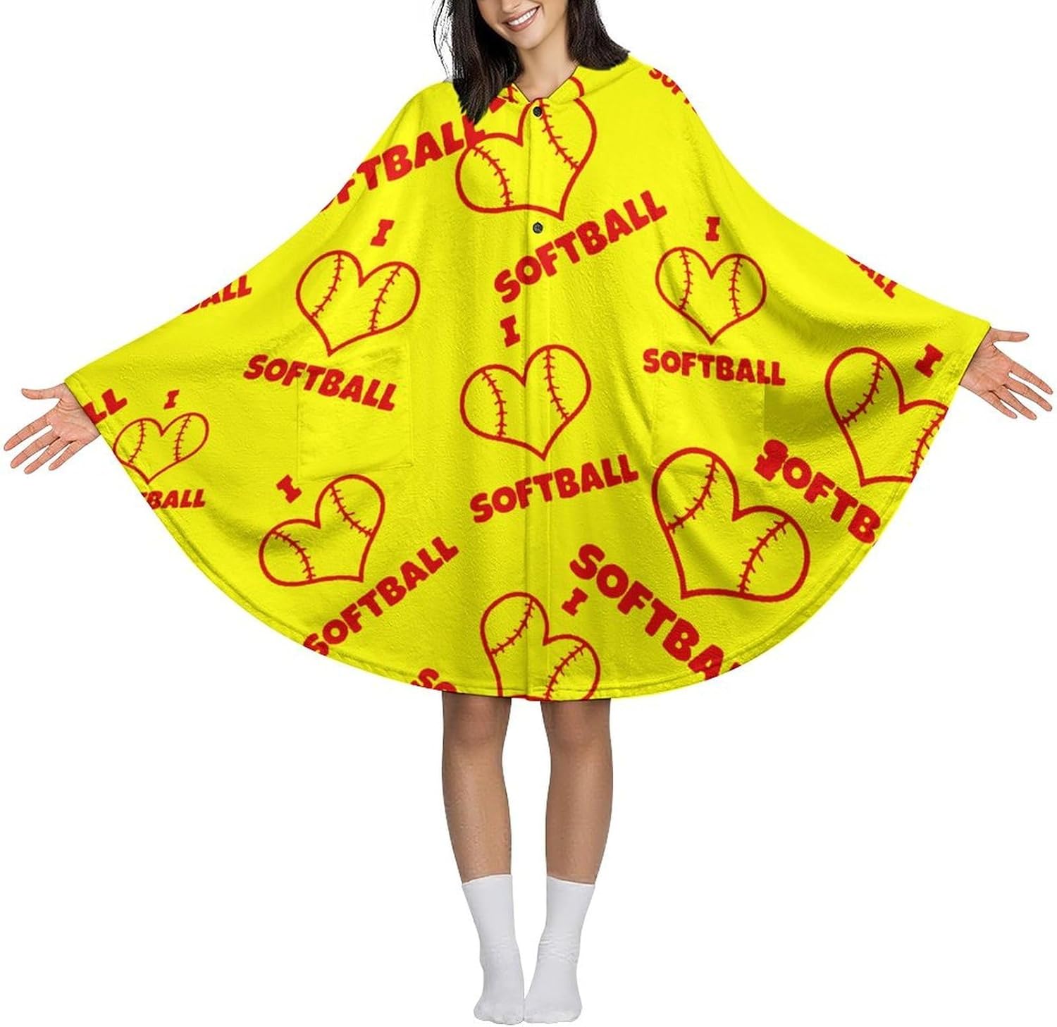 I Love Softball Wearable Blanket with Hooded Flannel Blankets Cape with Pocket