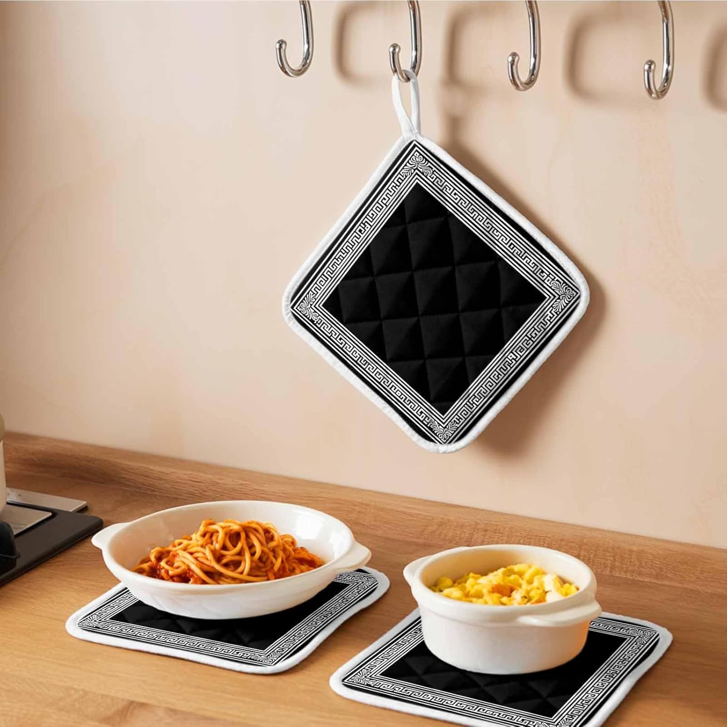 Pot Holder Set of 5 Black Abstract Geometric Potholder Heat Proof Non Slip Pot Holders, Back Print Hot Pads Potholders for Kitchen Cooking Baking BBQ