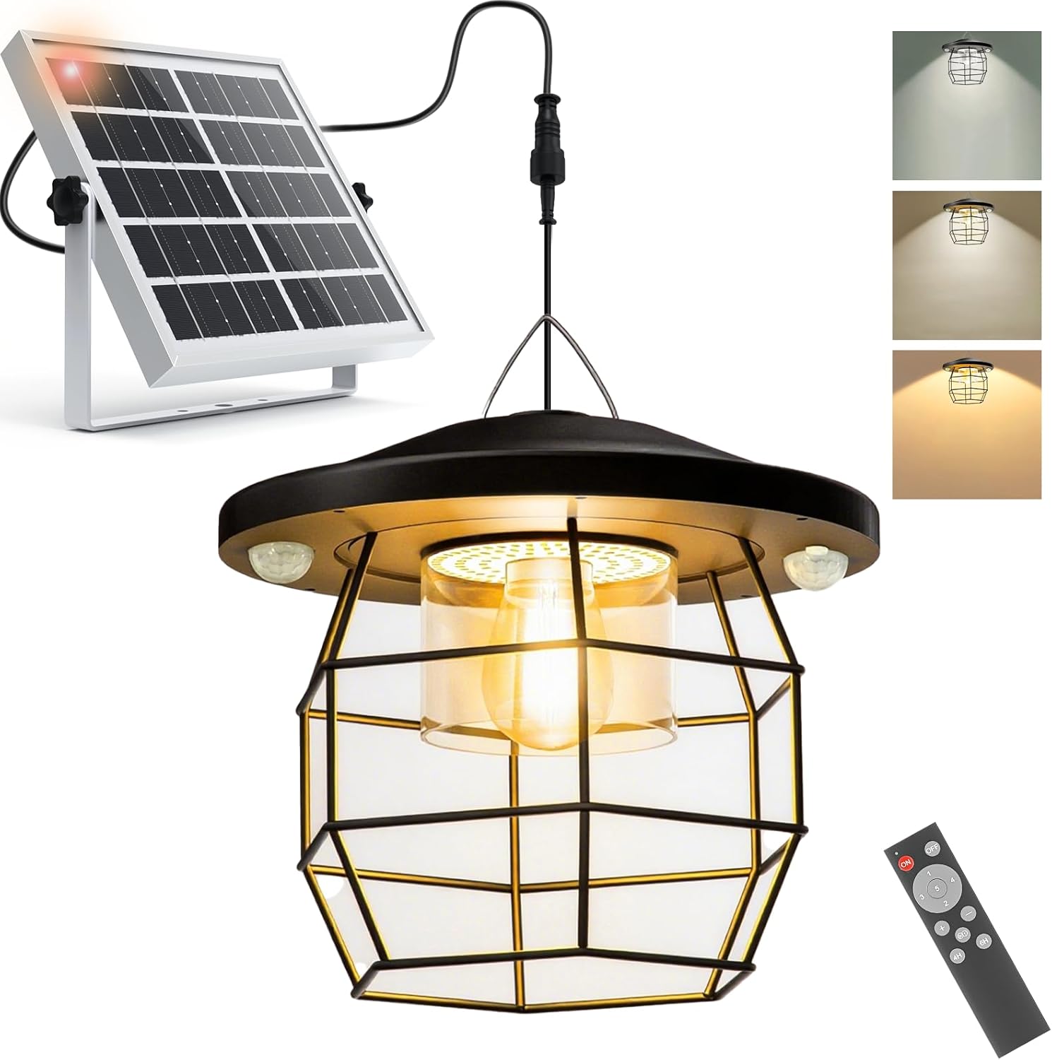 ICOFRU Solar Shed Light, Motion Sensor Pendant Lights Indoor&Outdoor with 5 Lighting Modes, Solar Gazebo Light Brightness and Color Adjustable for Gazebo Patio Garden Yard Barn Chicken Coop